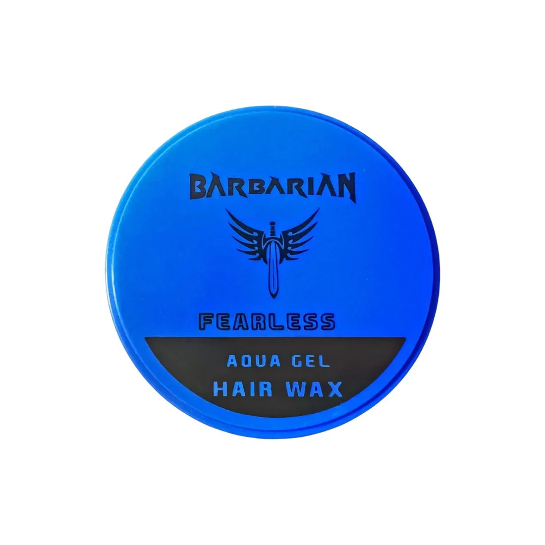 Blue container of Barbarian Fearless Aqua Gel Hair Wax with a winged sword logo on top.