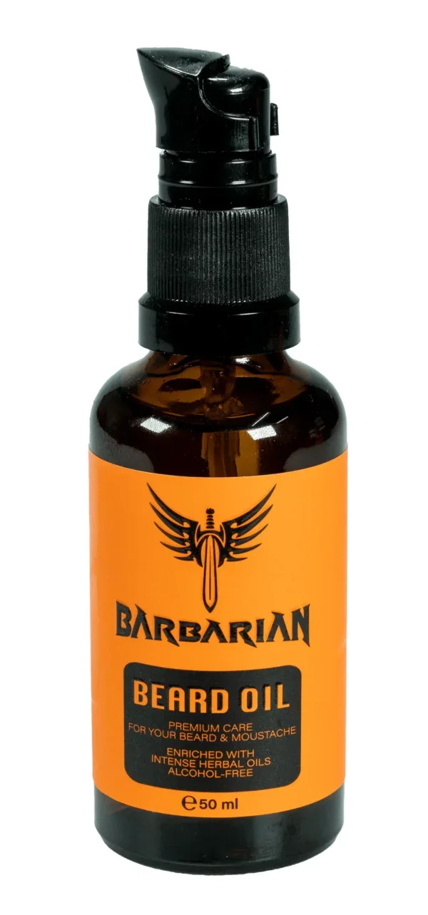 Small amber glass bottle of Barbarian beard oil with black pump dispenser and orange label.