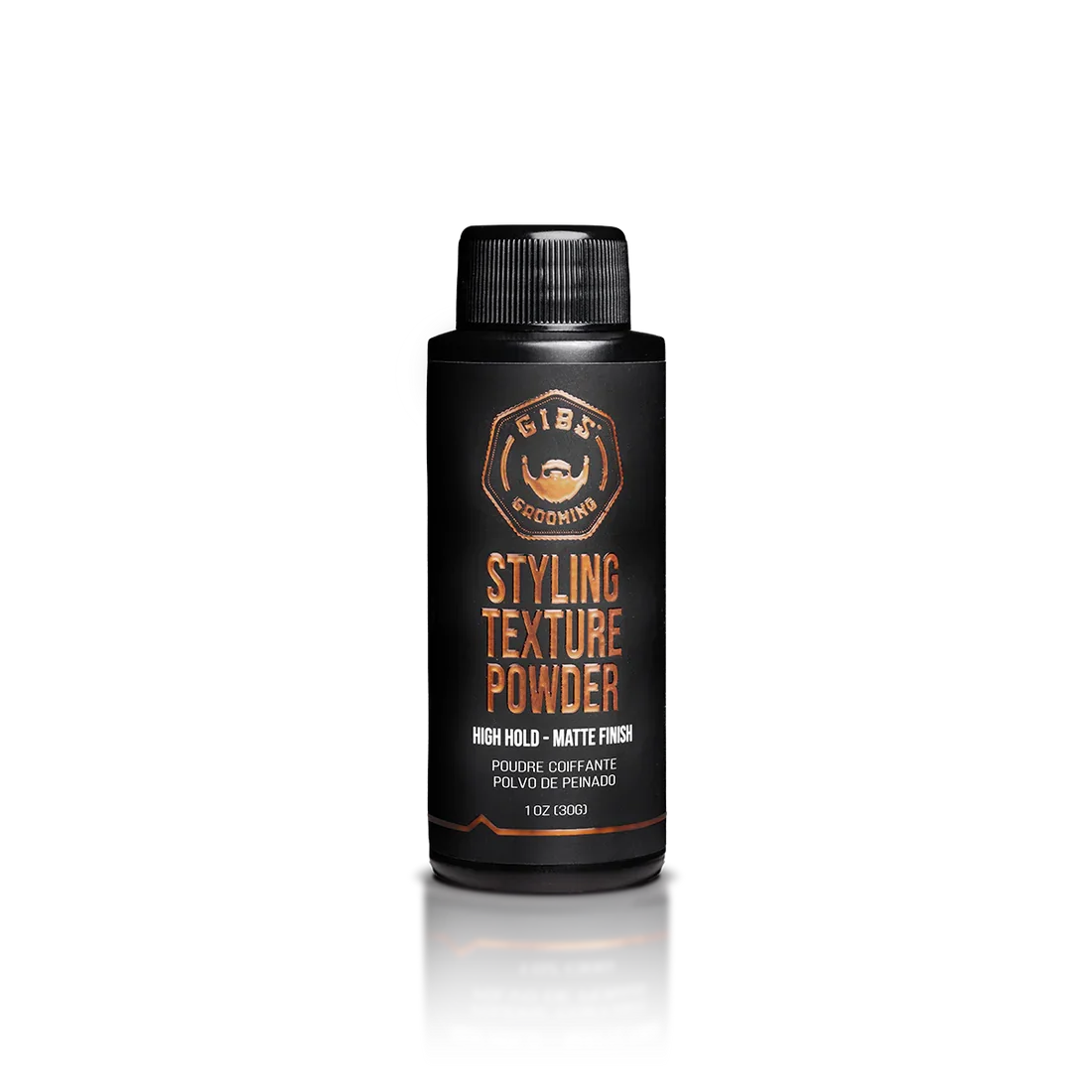 A cylindrical black bottle of GIBBS Grooming Styling Texture Powder, with a matte finish, featuring a label with orange and white text. The label indicates it is a high hold, matte finish hair styling powder, 1 ounce (30 grams) in size.
