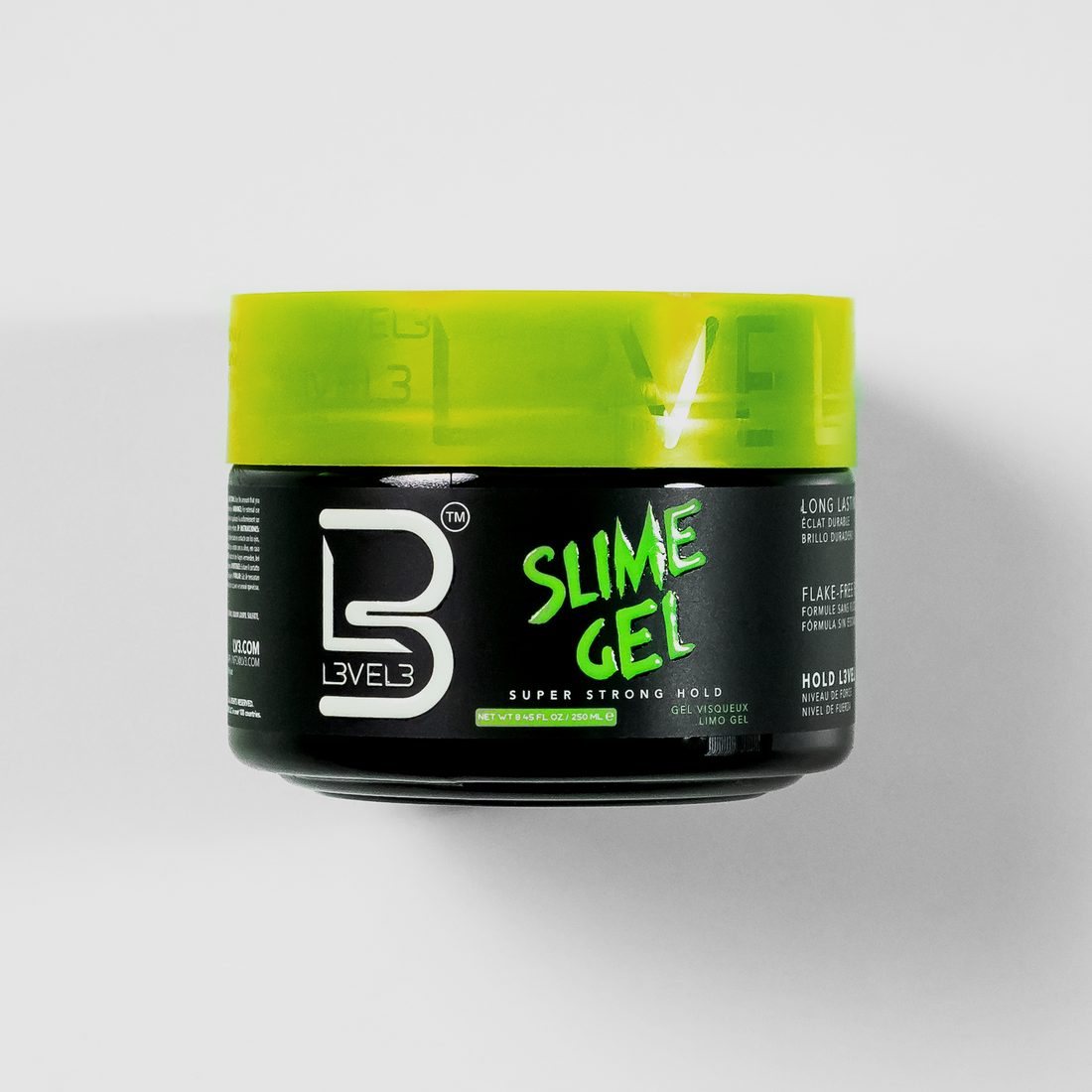 A black and green container of Level 3 Slime Gel with a bright yellow lid.