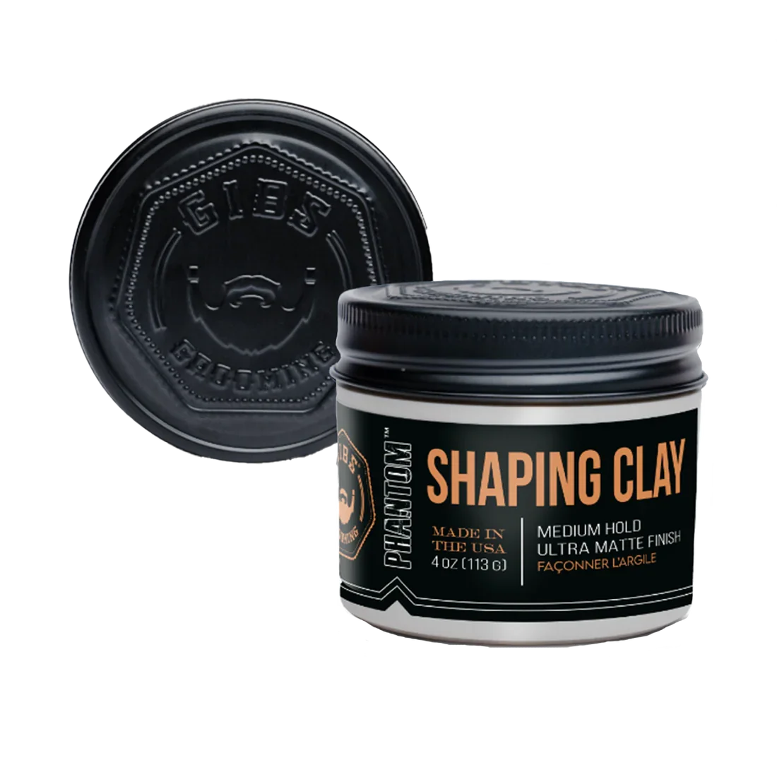Container of PRACTITION Shaping Clay, medium hold, ultra matte finish, 4 oz, with black lid and black label