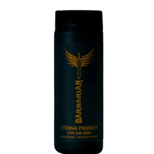 Black container of Barbaryan Strong Powder Styling Wax with gold logo and text