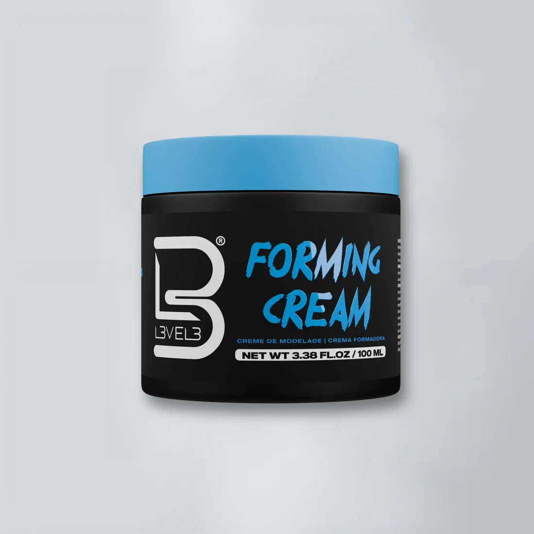 Black jar with light blue lid labeled 'Forming Cream' by Level 3, containing 3.38 fl oz of modeling cream.