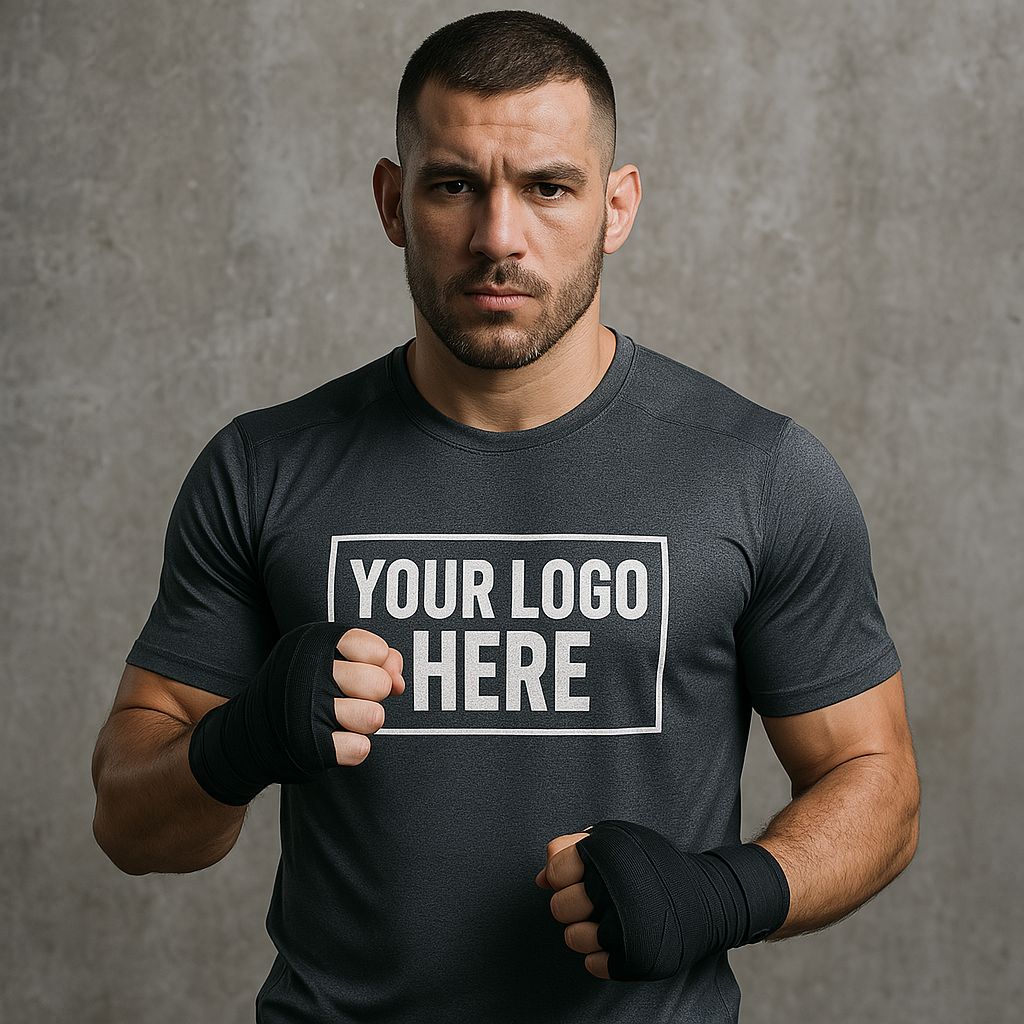 Man wearing a "Your Logo Here" t-shirt with hand wraps in a fighting stance, gray background.