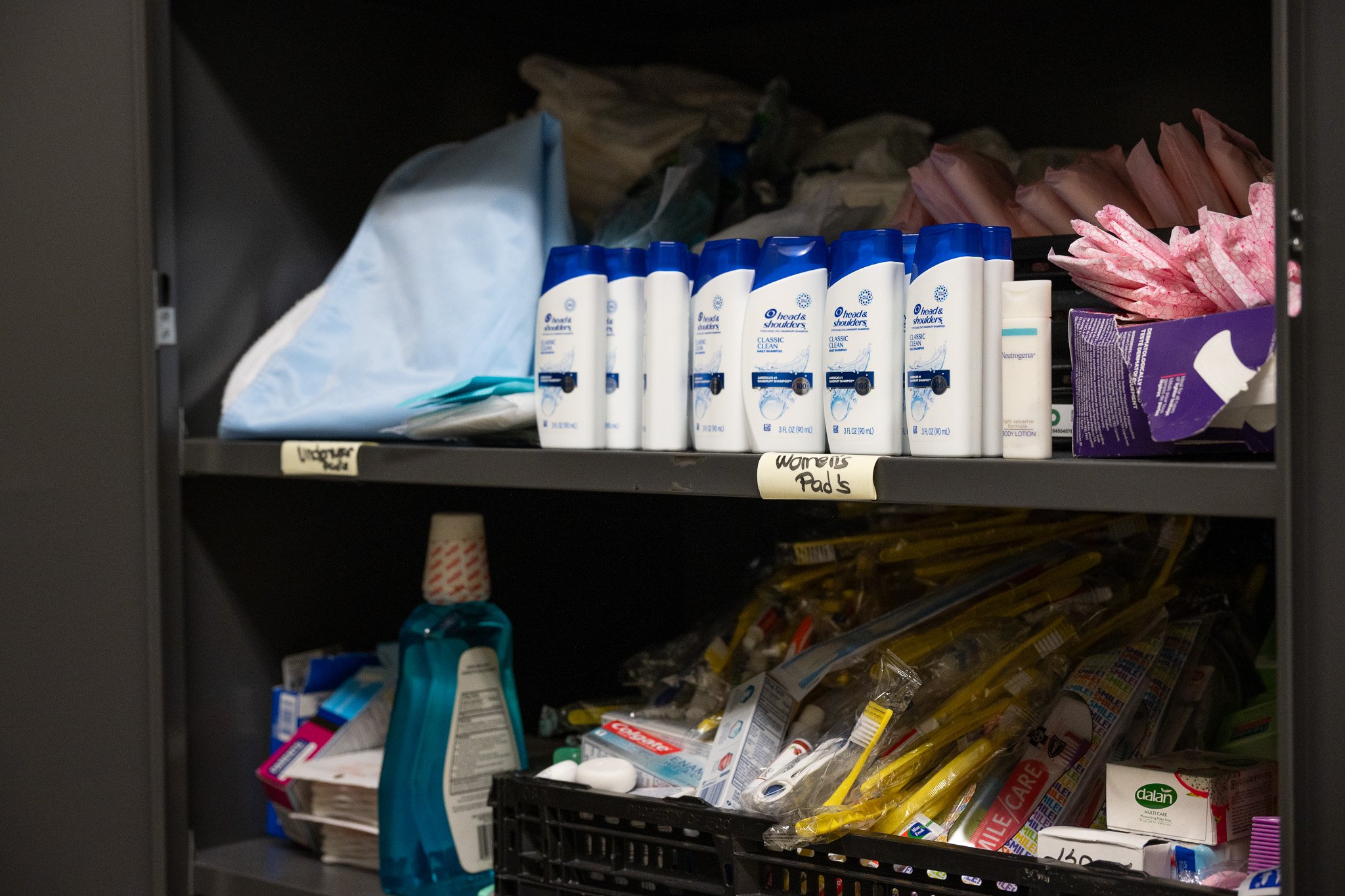 Supplies for clients of the Price Hall Warming Center Feb. 2 in downtown Muncie. Clients of the center are given necessary toiletries and food items as well as a place to sleep overnight. 