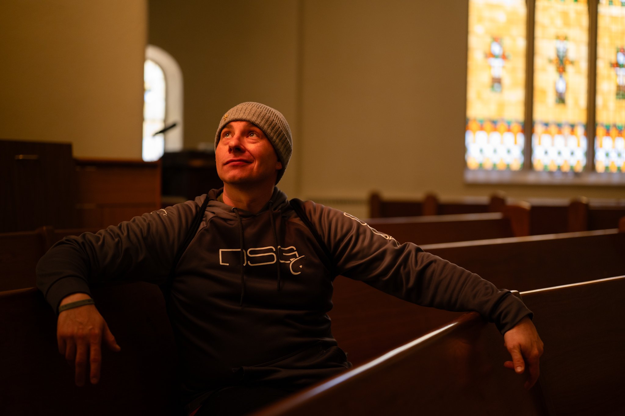 Ronald Chenevert poses for a portrait in the sanctuary of the Recovery Cafe Muncie April 8 in Muncie, Indiana. Chenevert is a new member of the cafe and finds time to attend meetings between his busy work schedule.