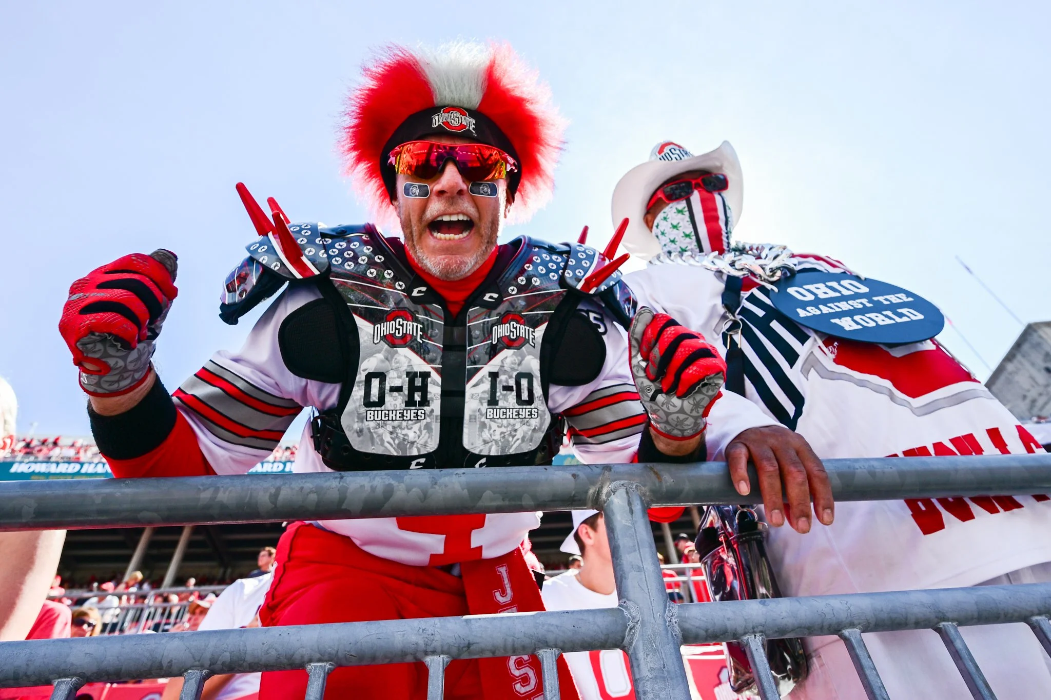 An Ohio State football fan screams while posing for a portrait Sept. 5 in Ohio Stadium. 
