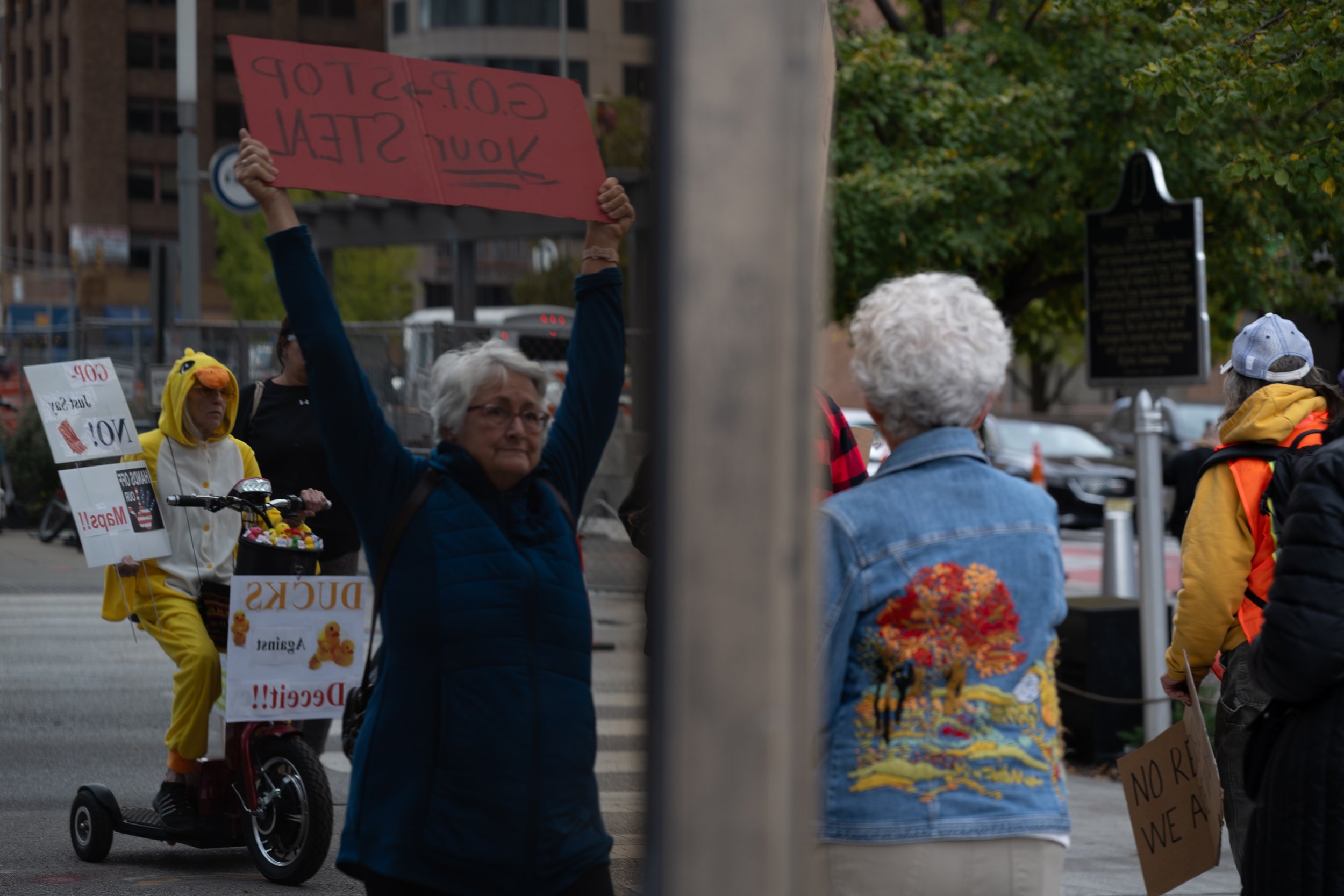 Protestors marching to the Indiana Roof Ballroom to disrupt the 2025 Indiana Republican dinner October 2025 in Indianapolis, Indiana.