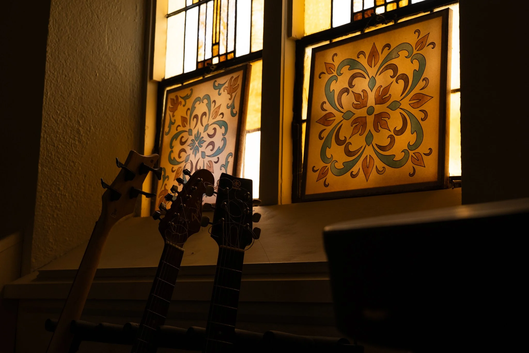 Stained-glass windows of a room at Recovery Café Muncie pictured April 3 in downtown, Muncie.
