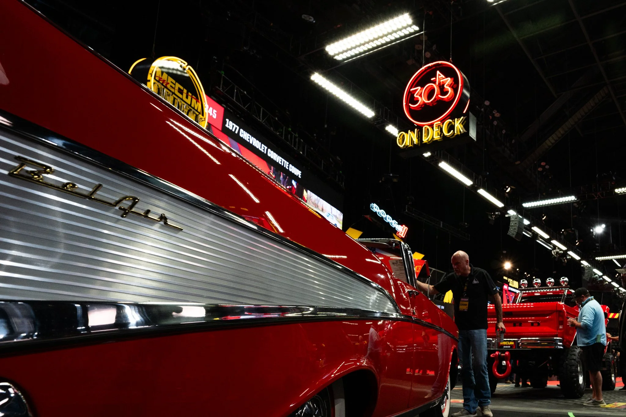 Cars lines on the show floor at the 2026 Mecum car show and auction expo.