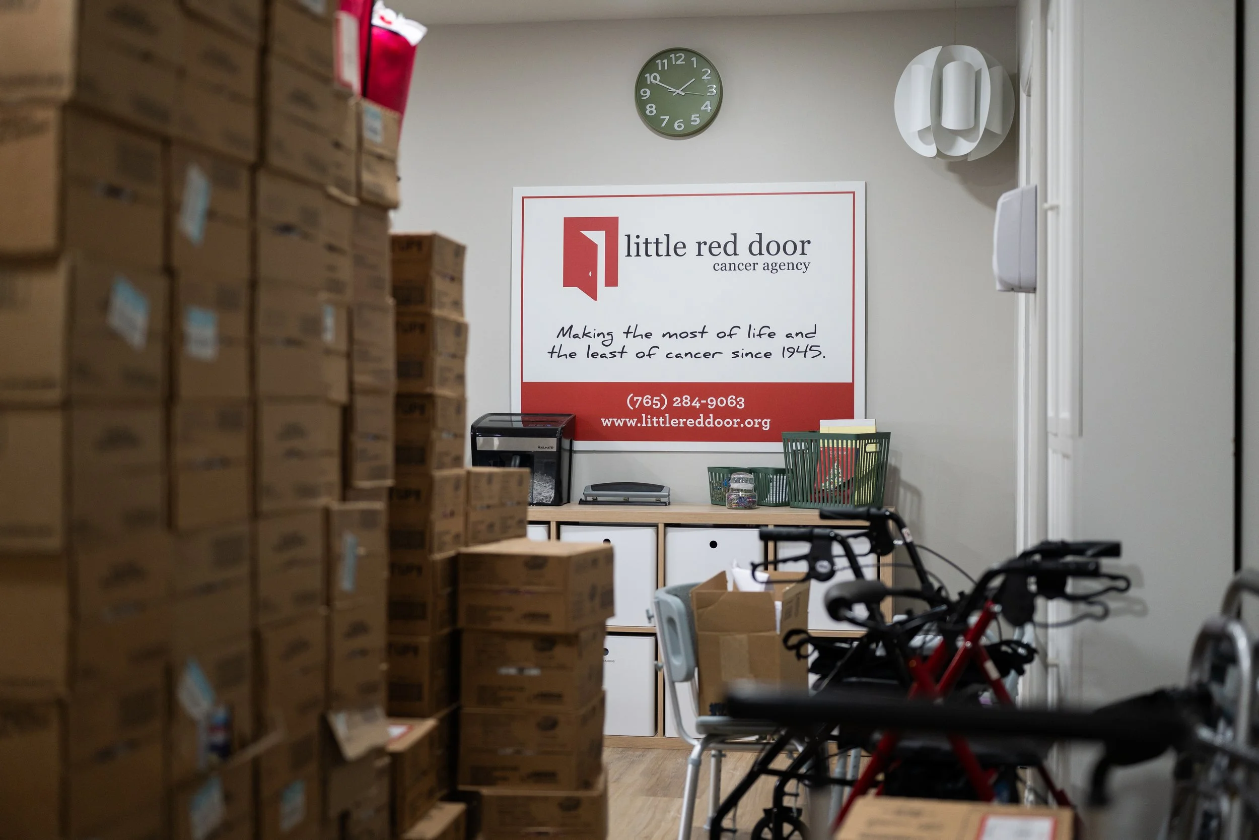 Supplies stored at Little Red Door Cancer Agency’s Muncie office Feb. 17 in Muncie, Indiana. The nonprofit provides free services such as nutritional supplements, compensation for ride services to doctor’s appointments and massage therapy.
