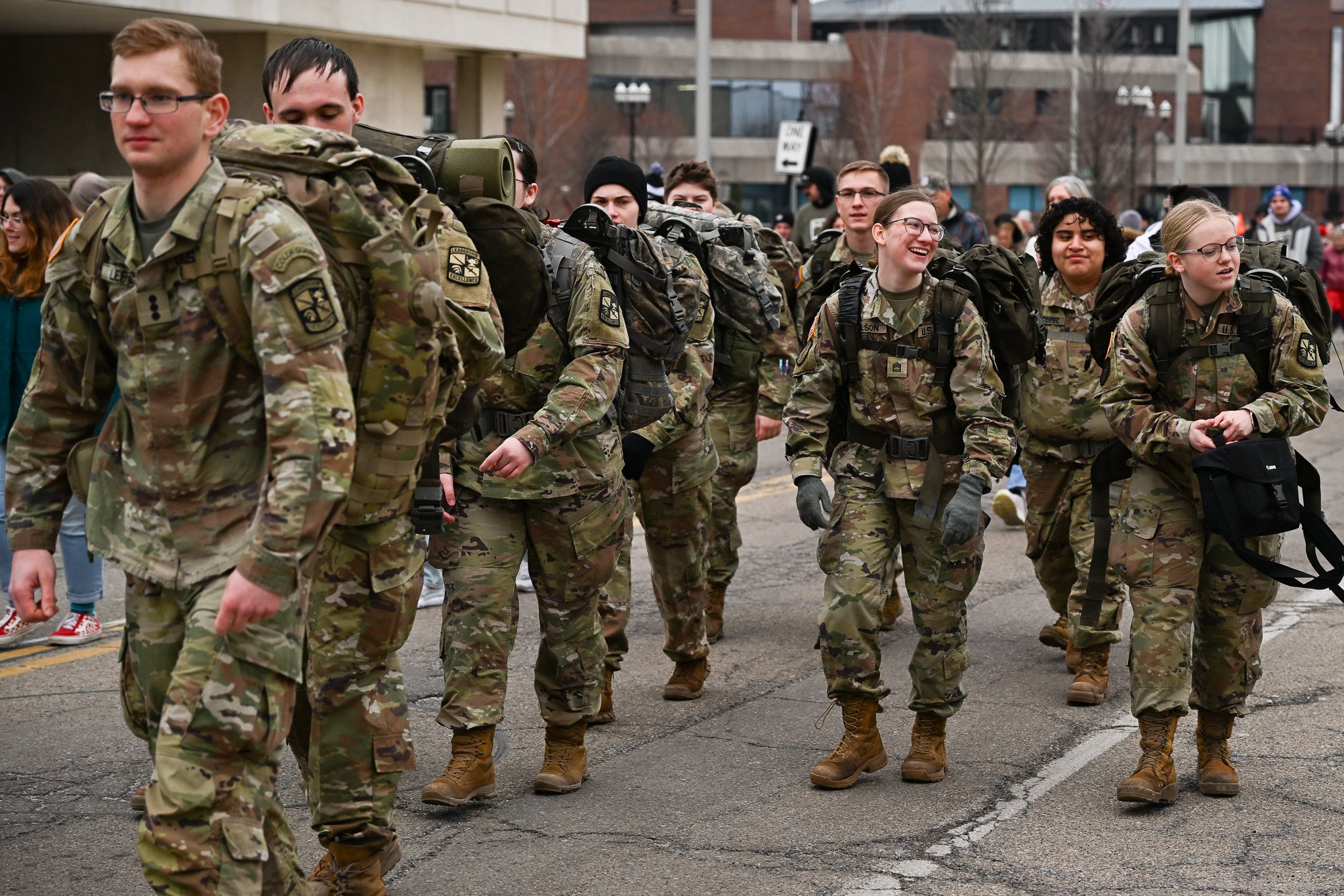 Servicepeople of Ball State's ROTC program participate in the Muncie Mission Walk a Mile event Feb. 21 in Muncie, Indiana. 
