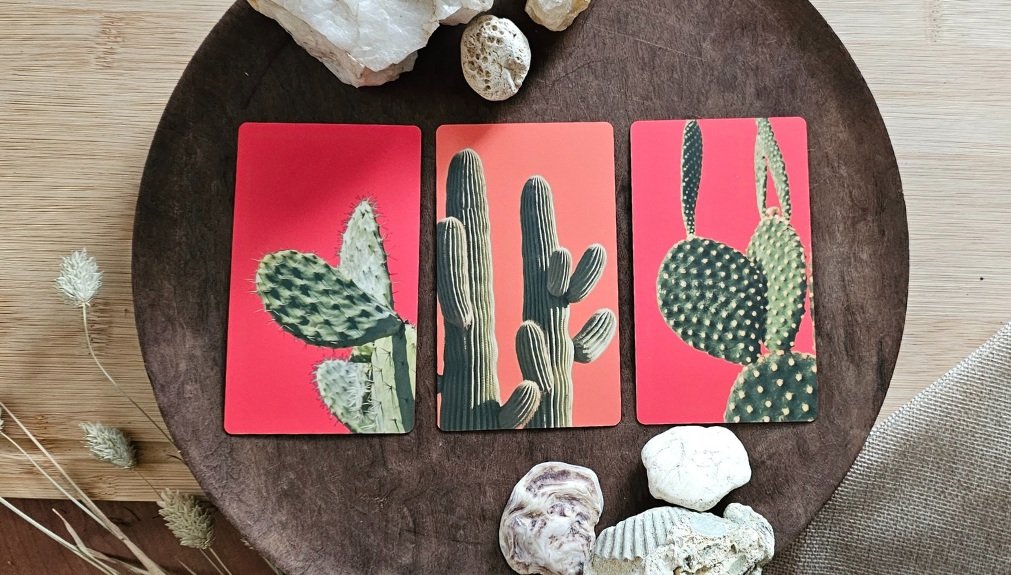 Three tarot cards with cactus illustrations on a wooden plate surrounded by rocks and dried plants.