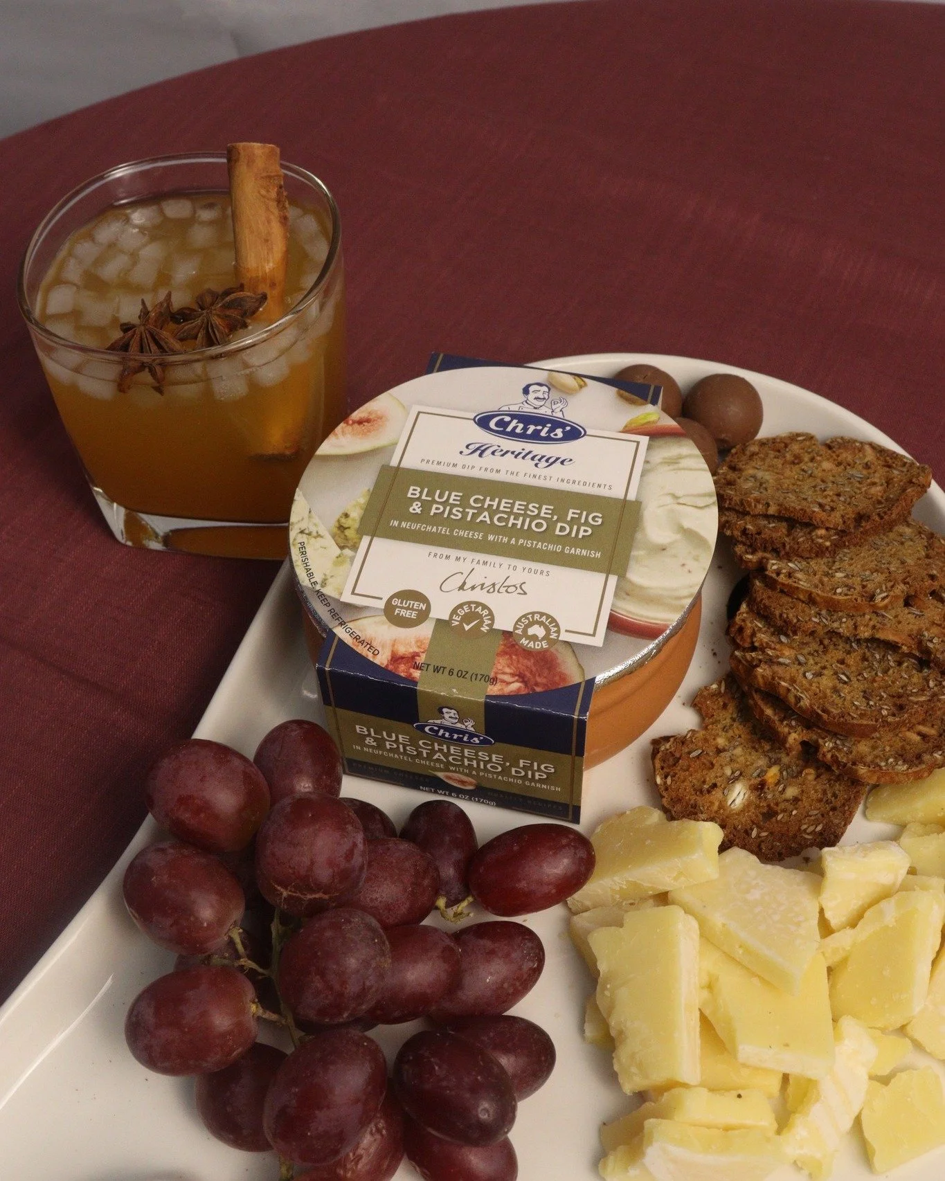 Fall flavors with a spooky twist 🍂🎃
The warmth of a Spiced Pumpkin Bourbon meets the creamy bite of Heritage Blue Cheese, Fig &amp; Pistachio Dip &mdash; a match made in Halloween heaven 👻💙
Comfort never tasted so chillingly good! 🕯️🧀
 #chrishe