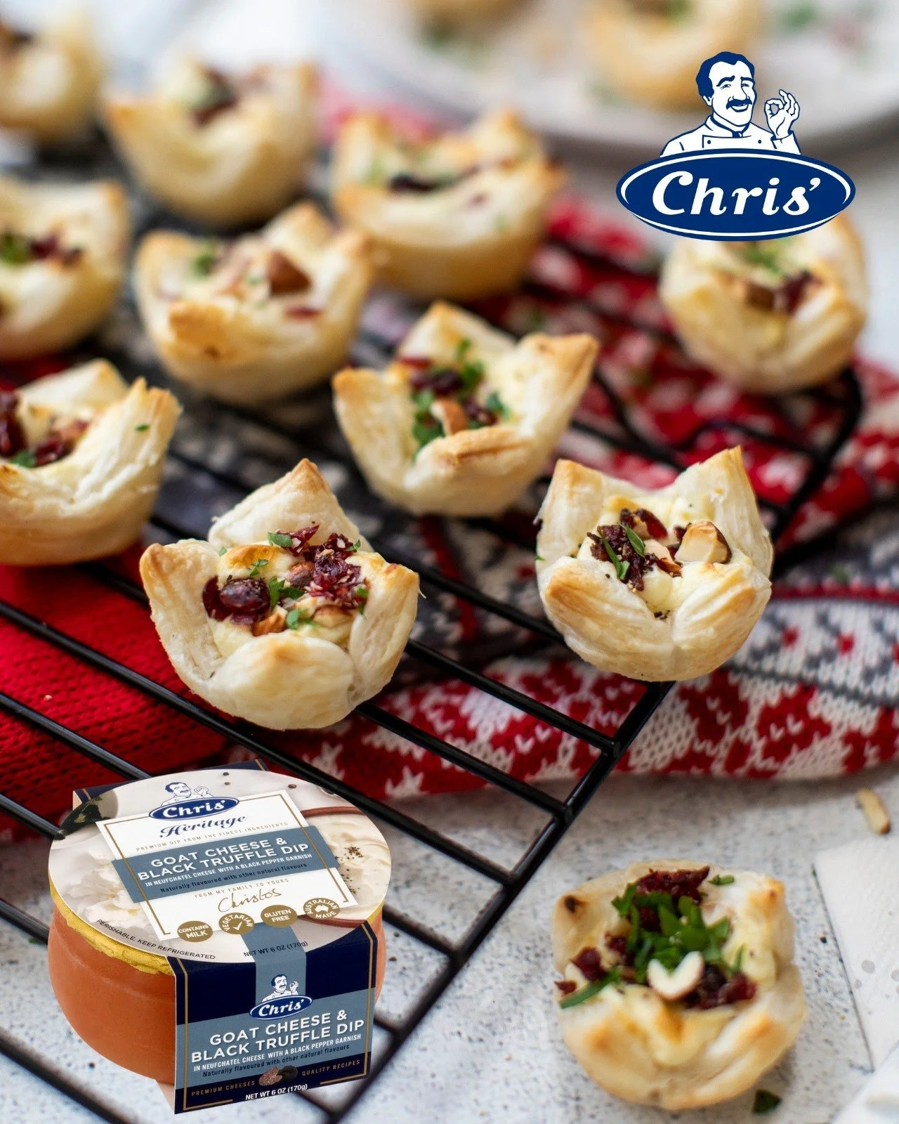 Puff Pastry bites with Chris&rsquo; Heritage Goat Cheese &amp; Black Truffle dip this Christmas? I think yes! 🎄
 #chrisdips #12daysofchristmas #chrisnevermisses #Christmas #ChrisHeritage