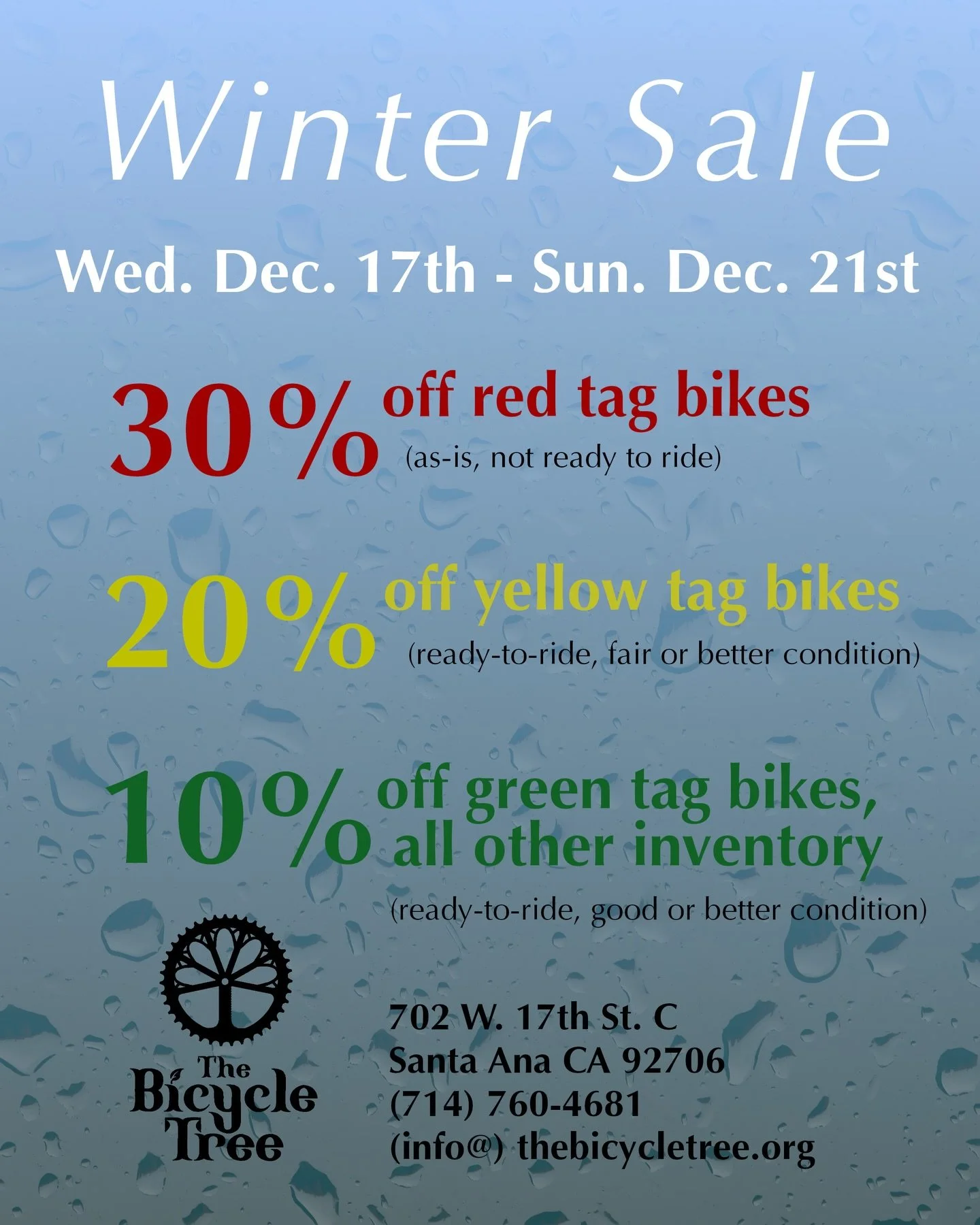 We have loads of bikes and need space and cash! Starting today and running through Sunday, we are offering 10% off green tag bikes, 20% off yellow tag bikes, and 30% off red tag bikes! Our green tag bikes are tuned up and test-driven, with everything