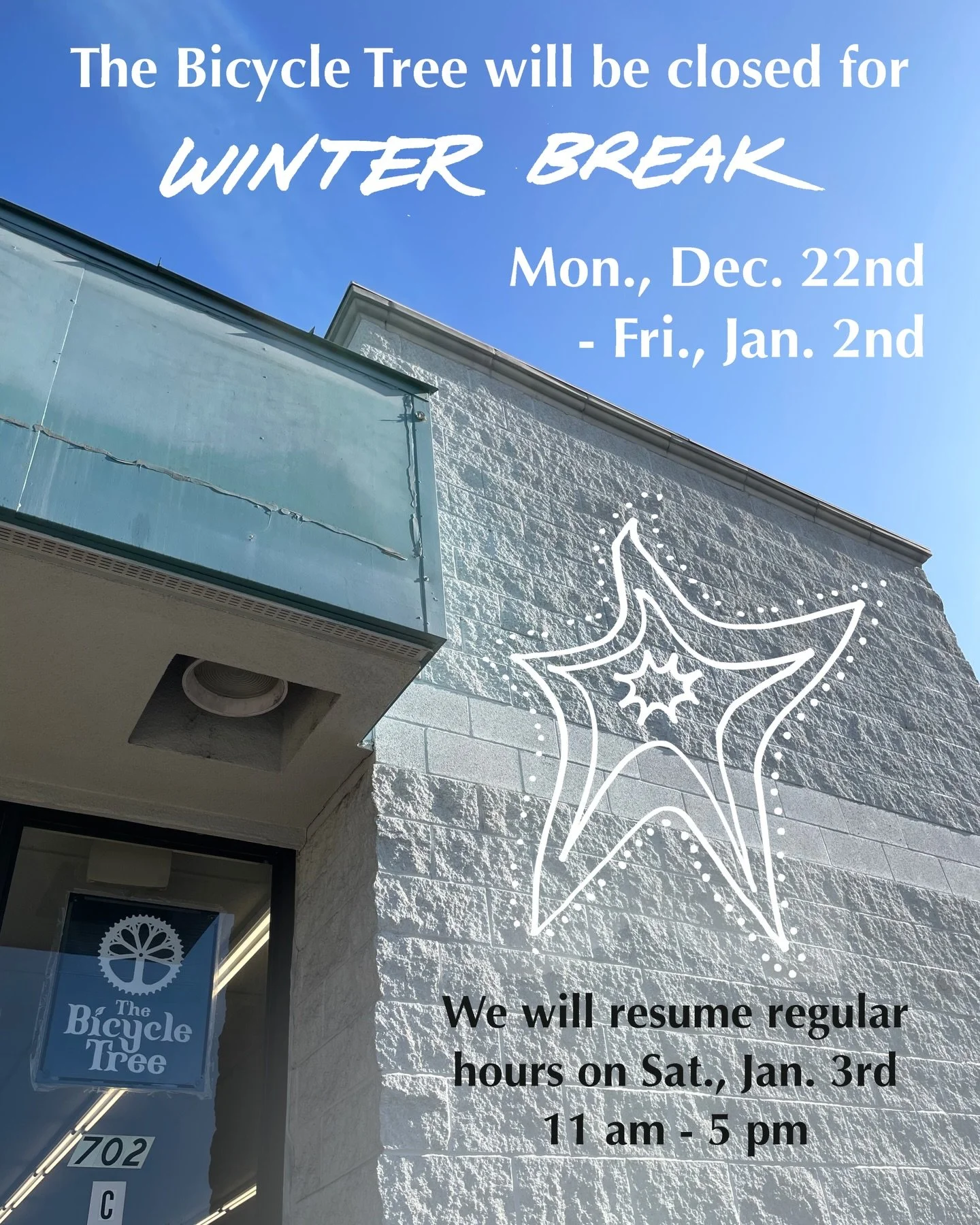 The Bicycle Tree will be closed for a winter break from Monday, Dec. 22nd through Friday, January 2nd. We will resume regular hours on Saturday, January 3rd from 11 am to 5 pm.

El Bicycle Tree estar&aacute; cerrado por vacaciones de invierno desde e