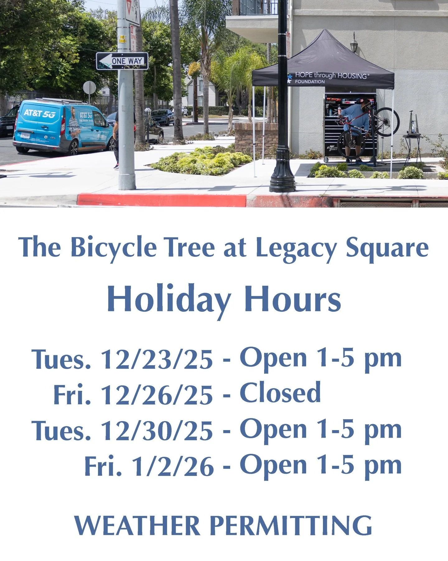 Maximo will be out fixing bikes at Legacy Square today (Tuesday) from 1-5 pm, and the same hours next Tuesday and Friday (12/30/25 &amp; 1/2/26), weather permitting. As always, the general public is welcome to visit our Legacy Square station for most