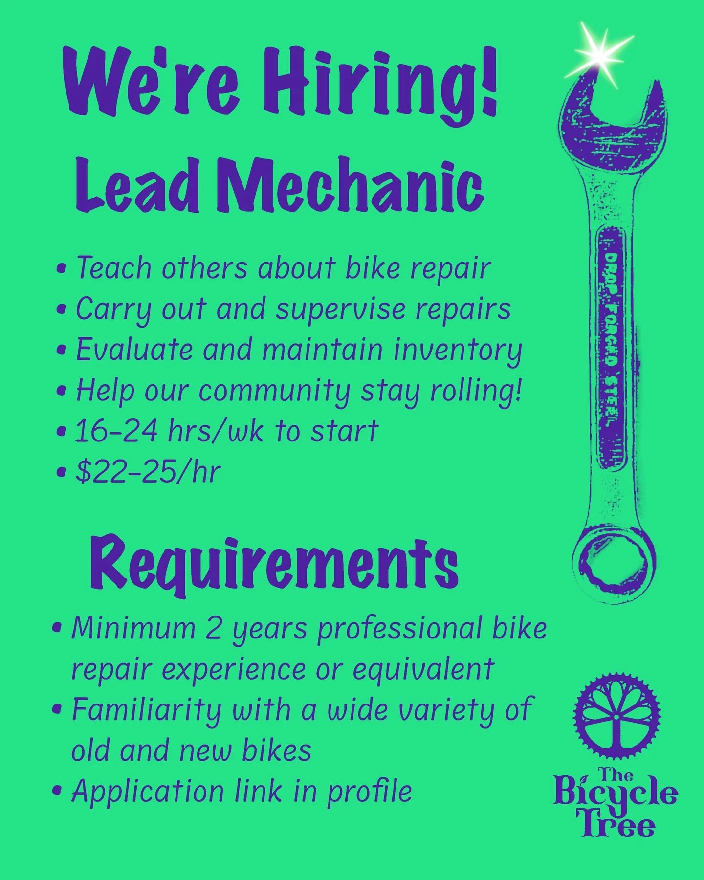 The Bicycle Tree is hiring! Application link in our profile.

JOB TITLE: Lead Mechanic
HOURS AND COMPENSATION: 16-24 hours/week, $22-25/hr with potential expansion to full time.
HIRE DATE: ASAP
GENERAL POSITION DESCRIPTION: At the Bicycle Tree, Lead 