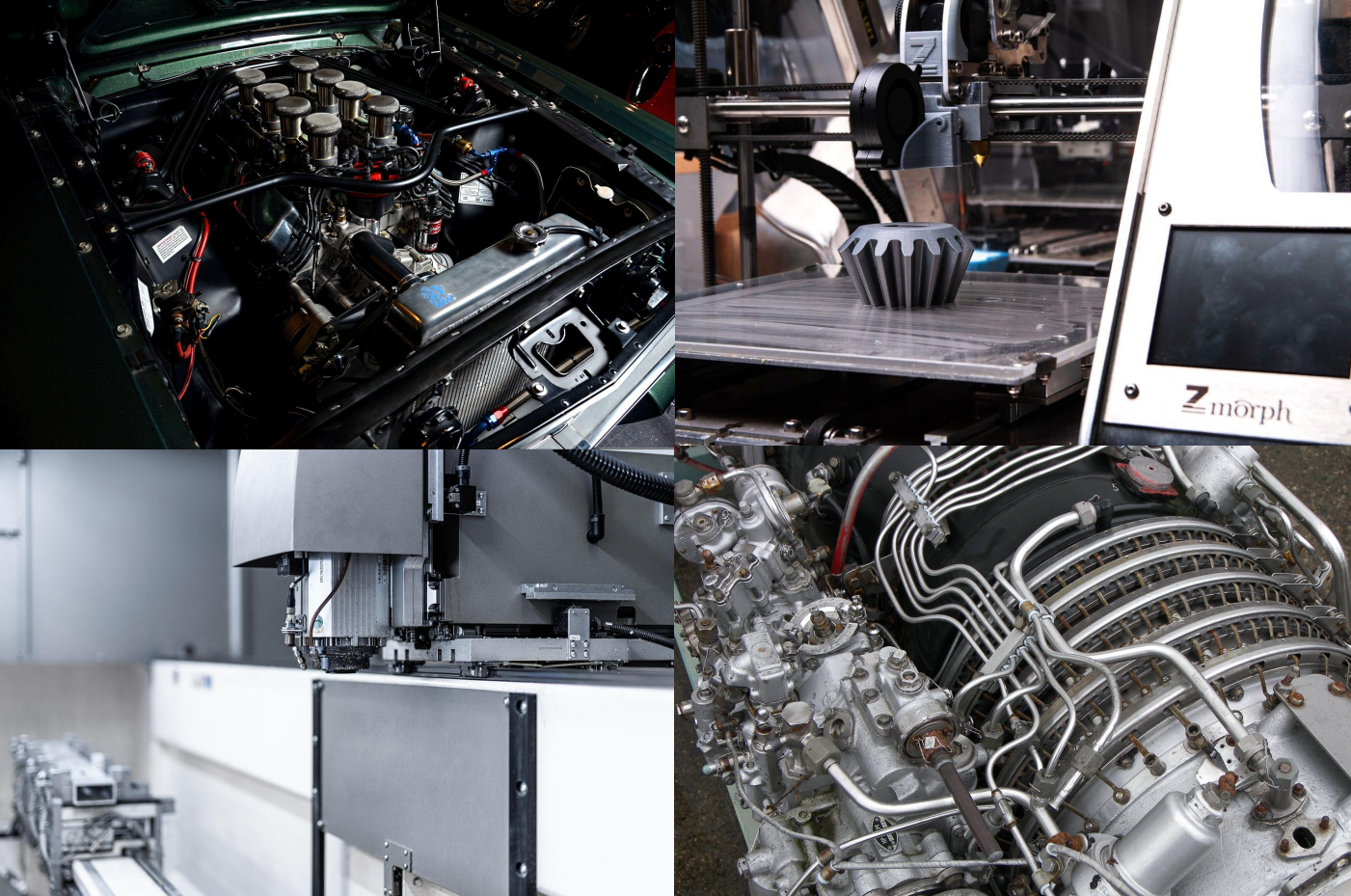 Collage of four images showing different engines and industrial machinery.