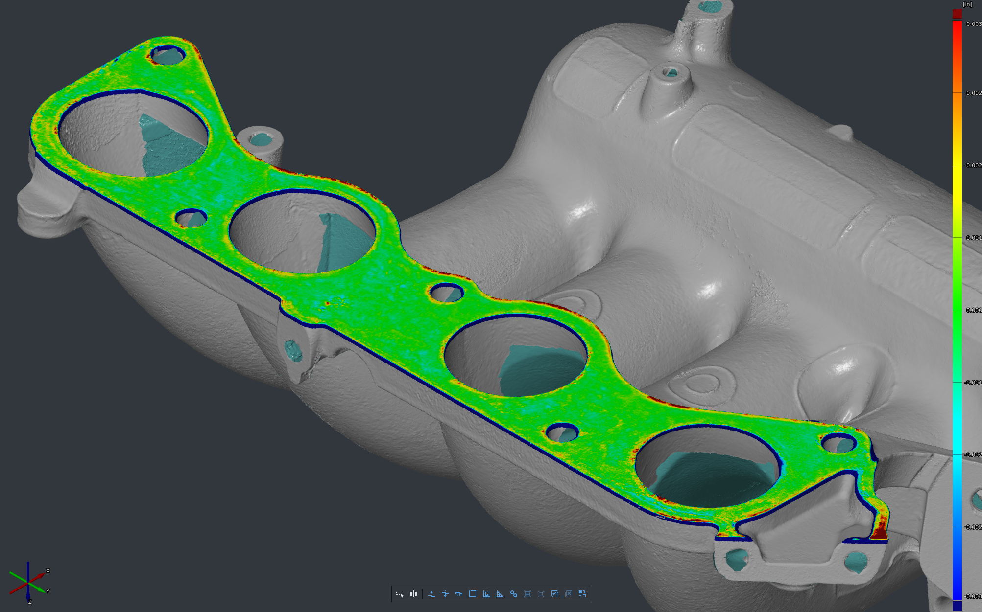 3D scan of an engine part with a colored topographical overlay indicating surface variations.