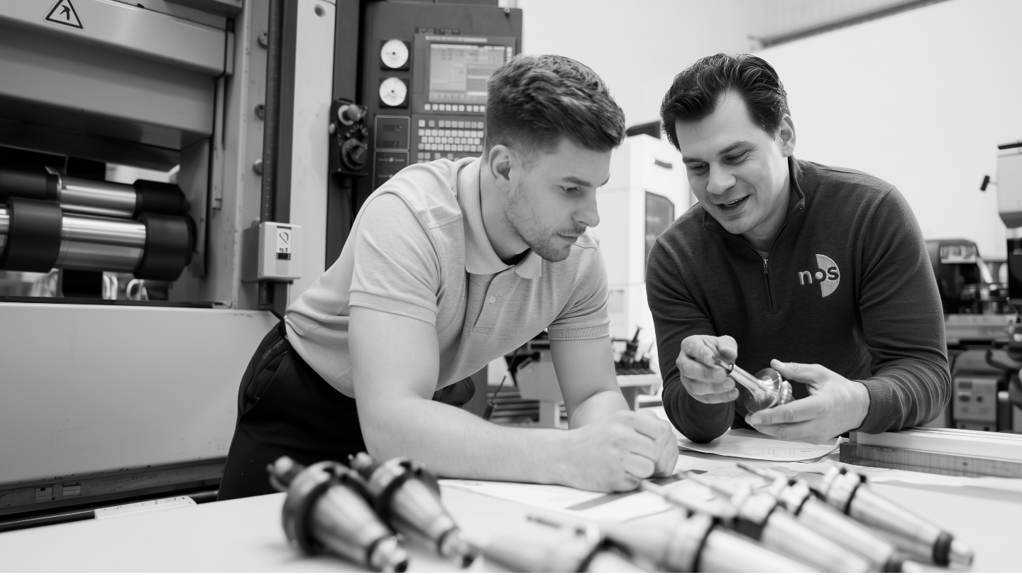 Two men working together in a laboratory, one writing on a paper and the other holding a metallic object, with machinery and tools on the table.