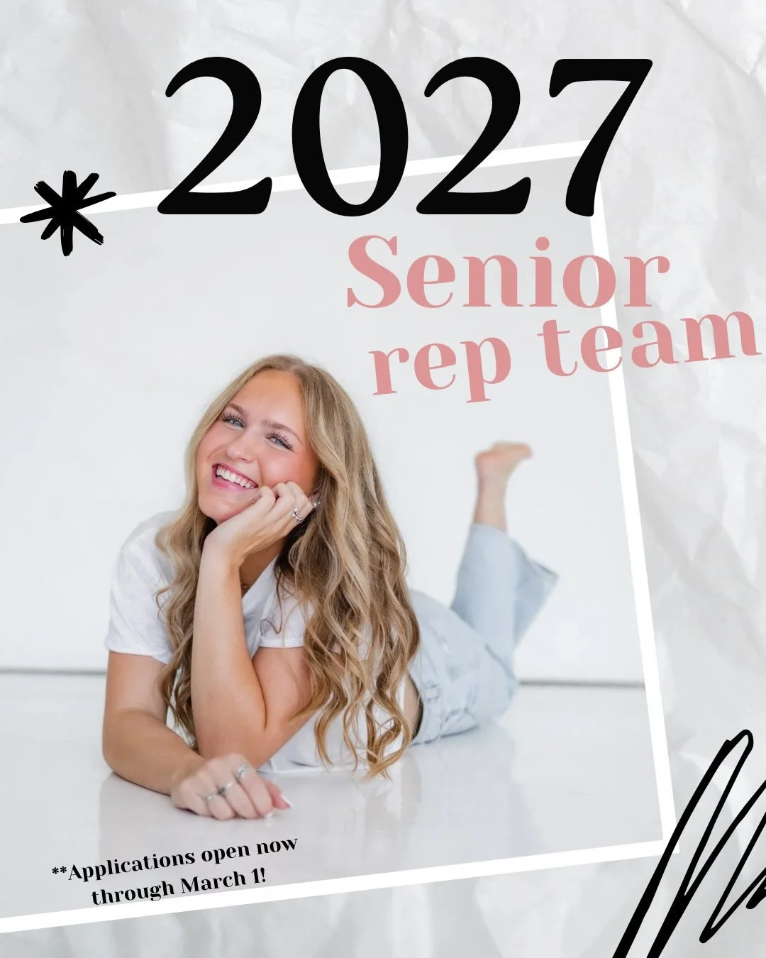 ✨SURPRISE! ✨

Calling all JUNIORS!!!

Class of 2027 Senior Rep Applications are now open! 🤍✨

want an exclusive fun and totally unique experience the senior year? Join my senior rep team and get ready for an amazing year of photos, friendship, and f