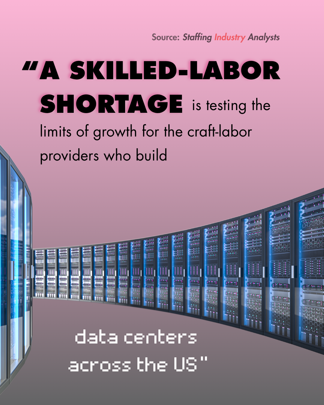 Pink to gray vertical gradient with row of servers (representing a data center).