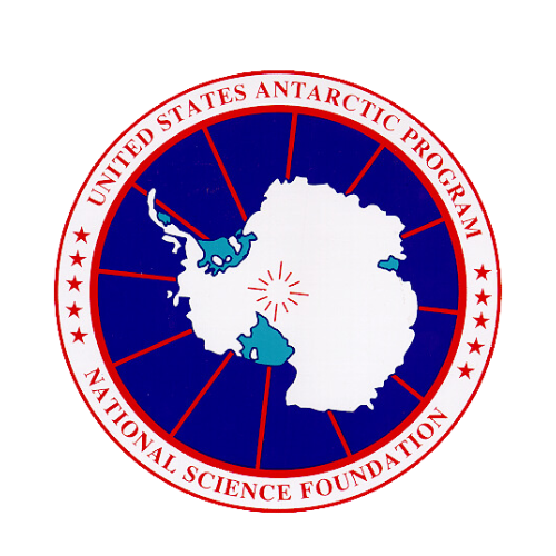 Seal of the United States Antarctic Program, featuring a map of Antarctica with surrounding regions and red star accents.
