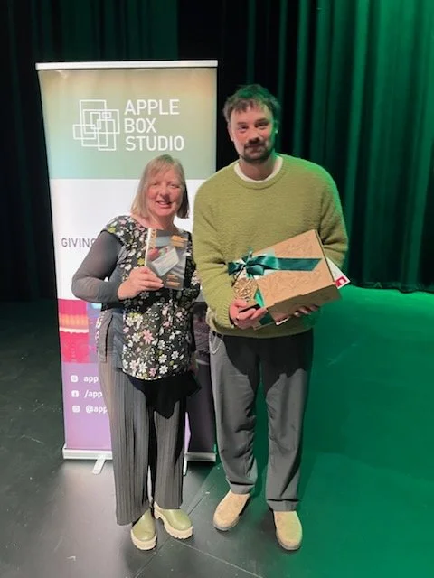 Hamper donated to Apple Box Studio 48 Film Challenge at Theatre Royal.   Gillian and Adam pictured 