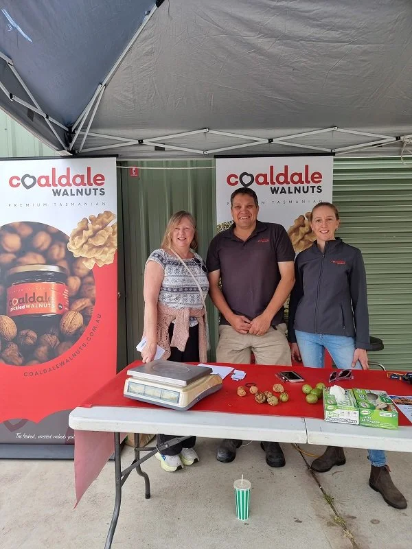 Visit to the Coaldale Walnut Farm Open Day at Richmond.  Gillian pictured with Sophie and Brad owners of the Farm.  Coaldale Walnuts are another great Tasmanian product used in our hampers.