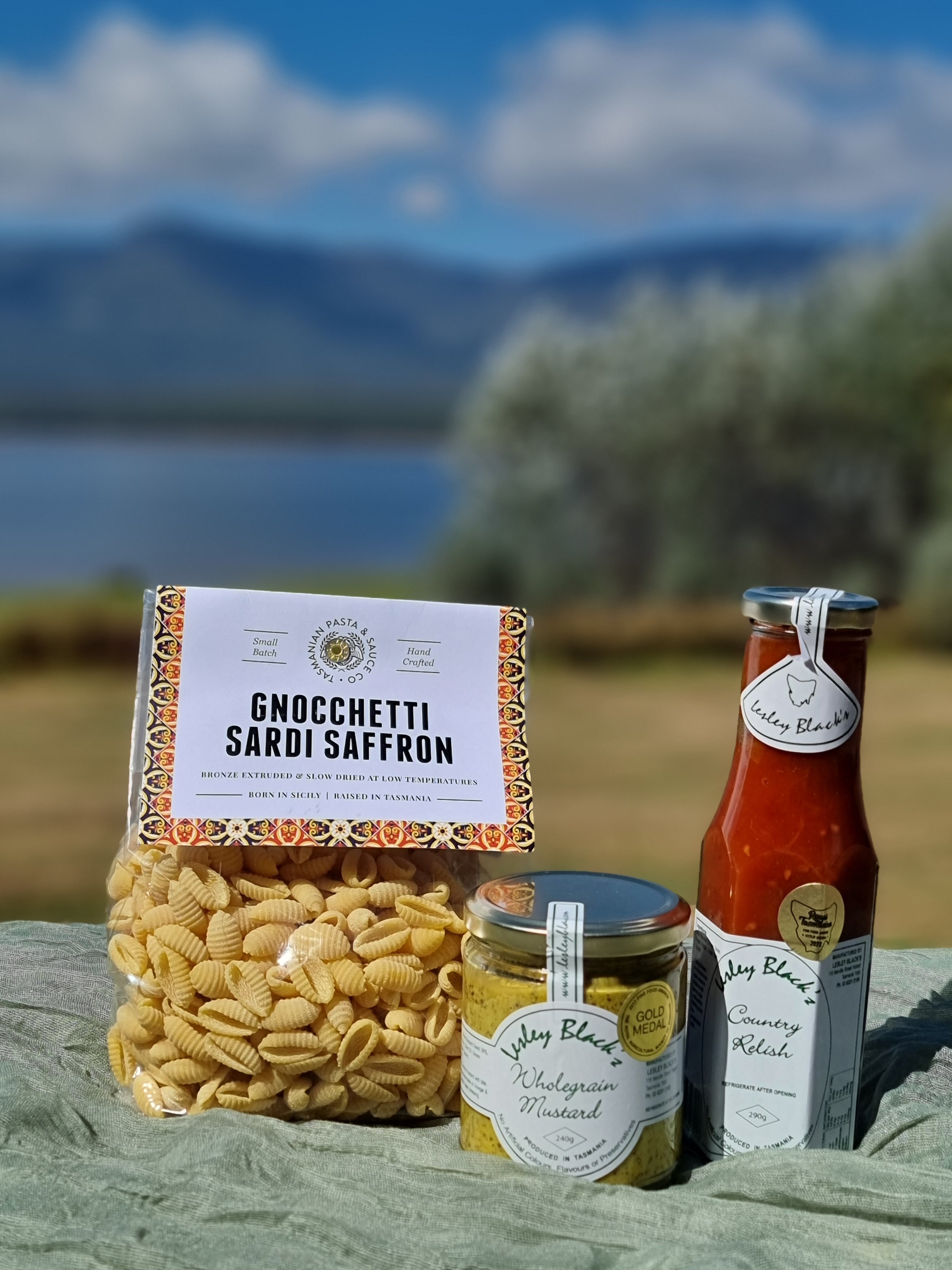 Lesley Blacks Mustard and Relish and Pasta from Tasmanian Pasta and Sauce Co at Huntsman Dam in North West Tasmania