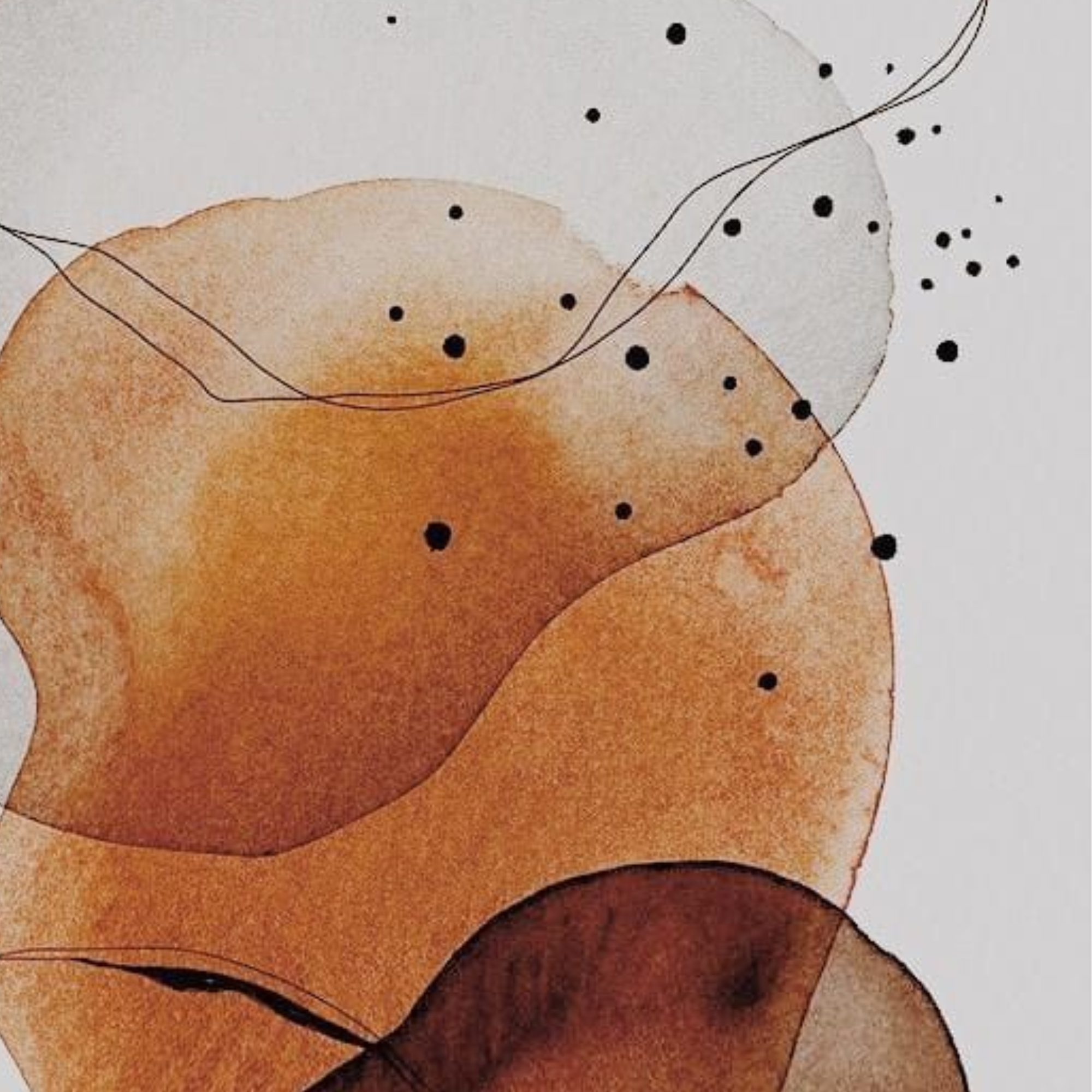 Abstract watercolor painting with overlapping orange and brown shapes, black dots, and thin black lines on a white background.