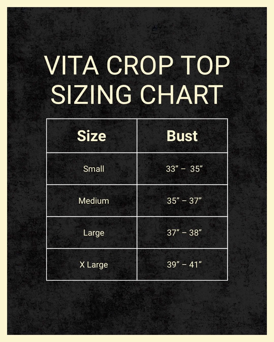 IRON + BONE sizing chart for our Vita Crop Top