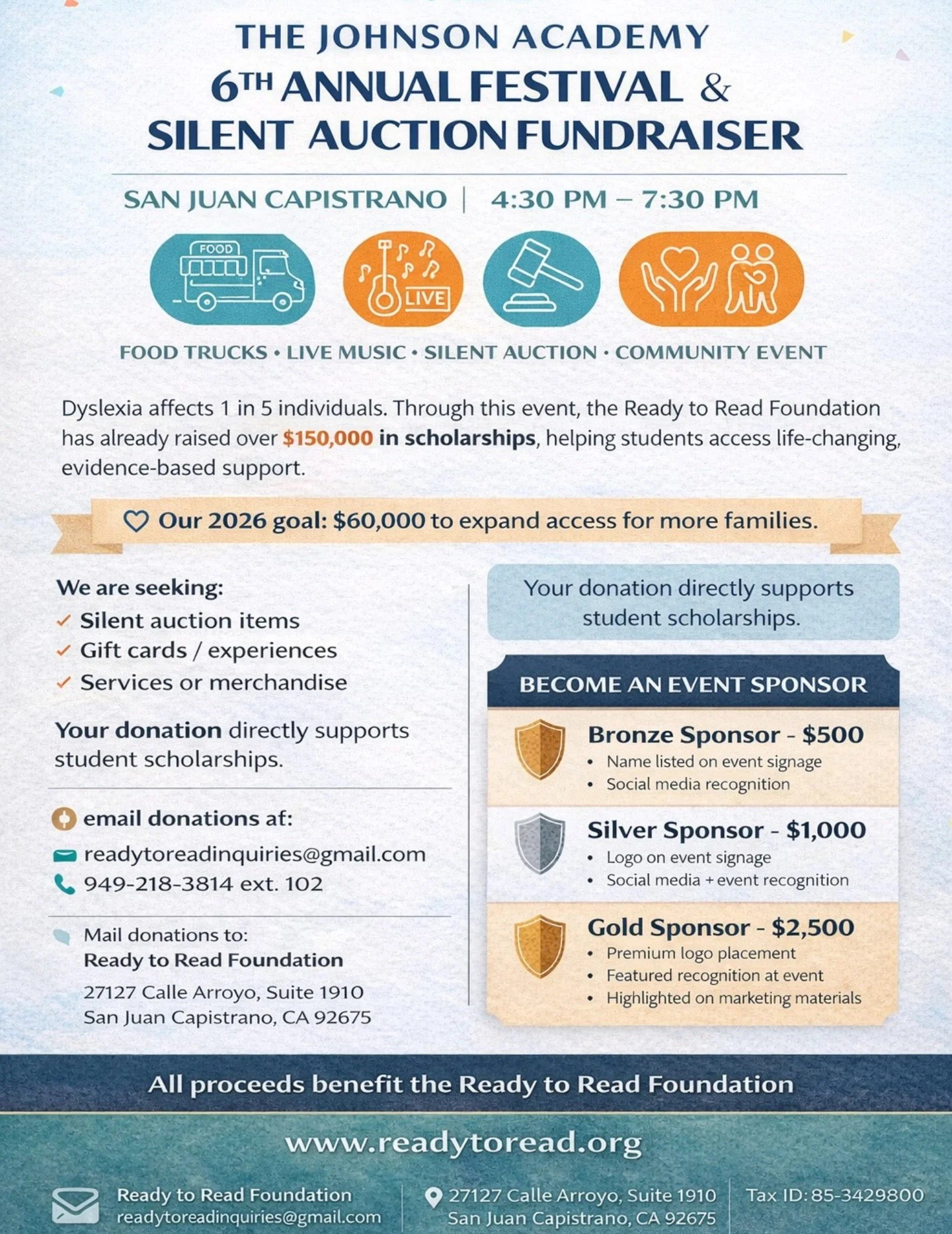 ✨ Join us for an unforgettable evening at The Johnson Academy&rsquo;s 6th Annual Festival &amp; Silent Auction!

Enjoy food trucks, live music, and a fun-filled community event&mdash;all while supporting a powerful mission. 💙 Proceeds benefit the Re