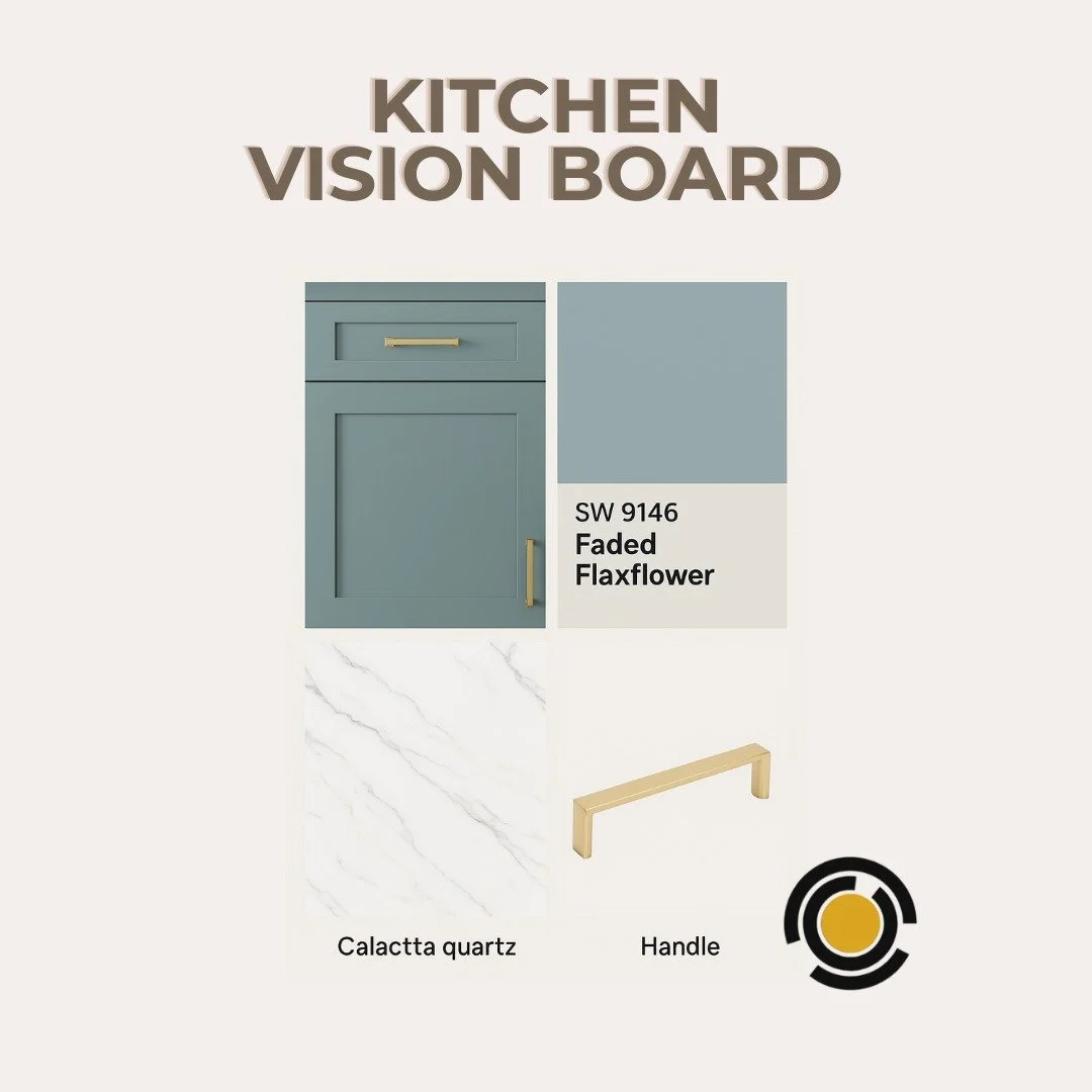 Here&rsquo;s a clean, elegant Instagram caption you can use for this kitchen vision board:

Modern Kitchen Moodboard ✨

Bringing together the calm elegance of SW 9146 Faded Flaxflower blue shaker cabinets, warm gold hardware, and the timeless beauty 