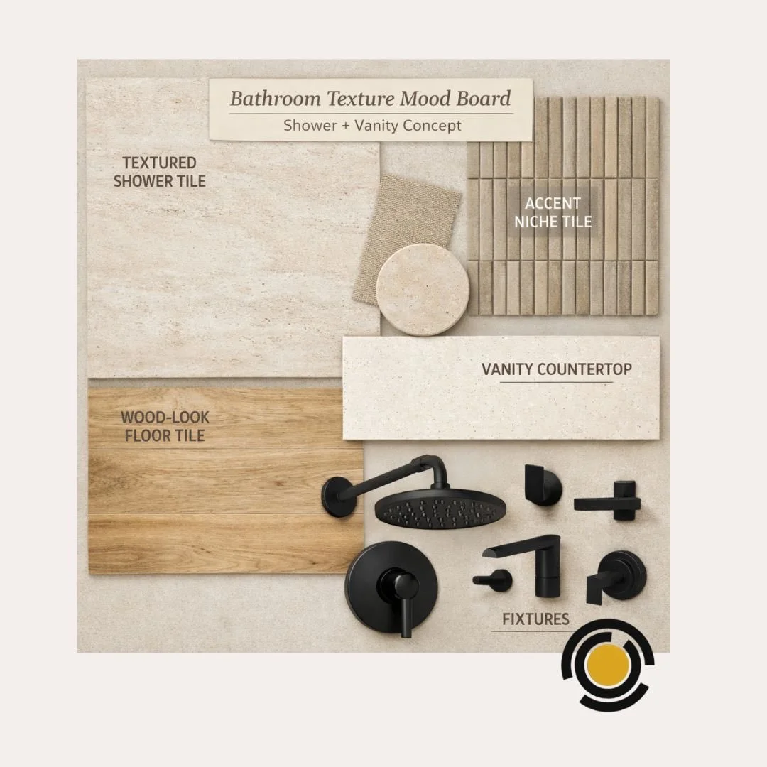 Texture is what makes a bathroom feel designed &mdash; not decorated.

This vision board blends warm neutrals, layered stone textures, wood-look flooring, and matte black fixtures to create depth without overwhelming the space.

The goal?
Balance. So