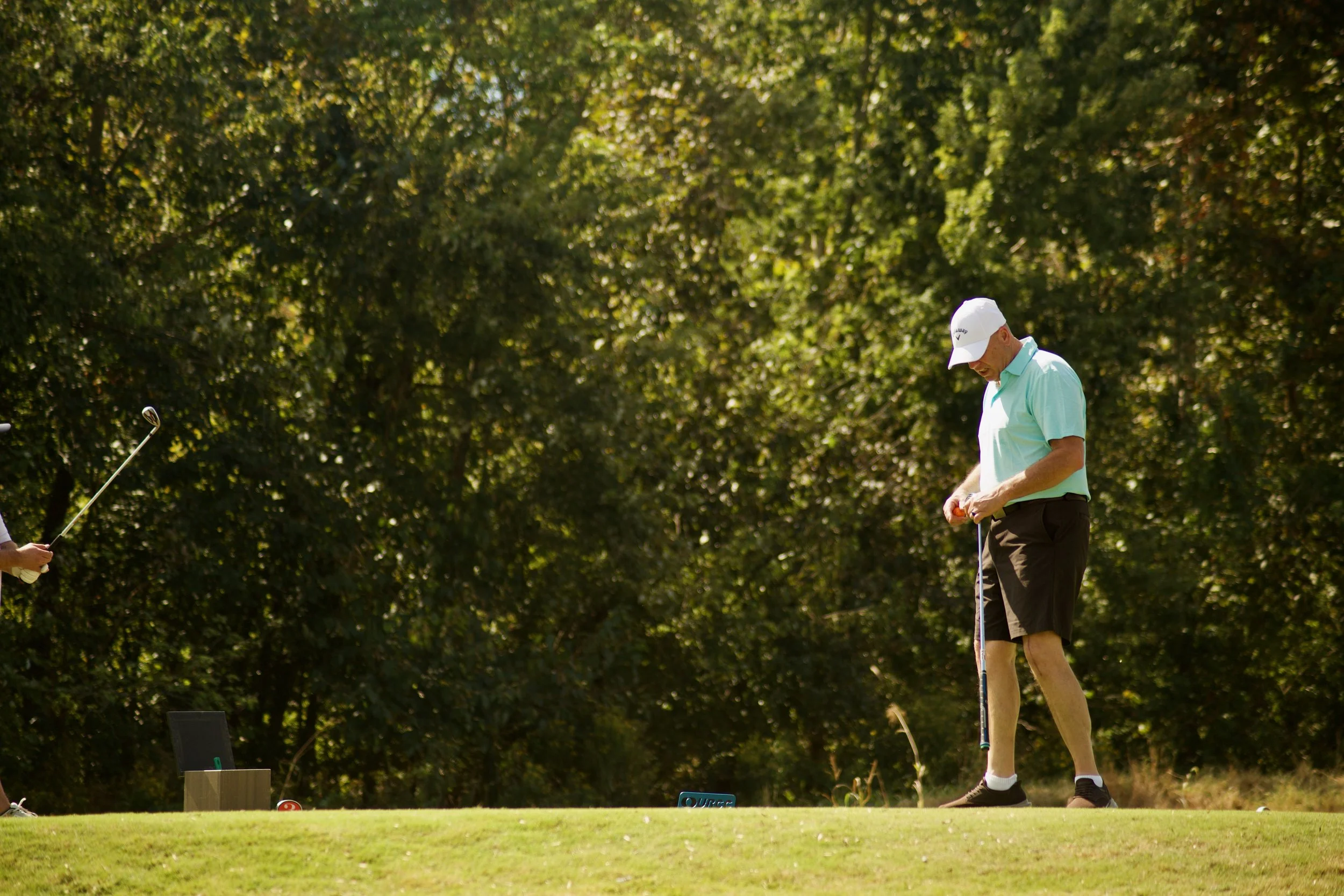 A man in a white cap and light blue shirt preparing to putt a golf ball on a golf course surrounded by trees.