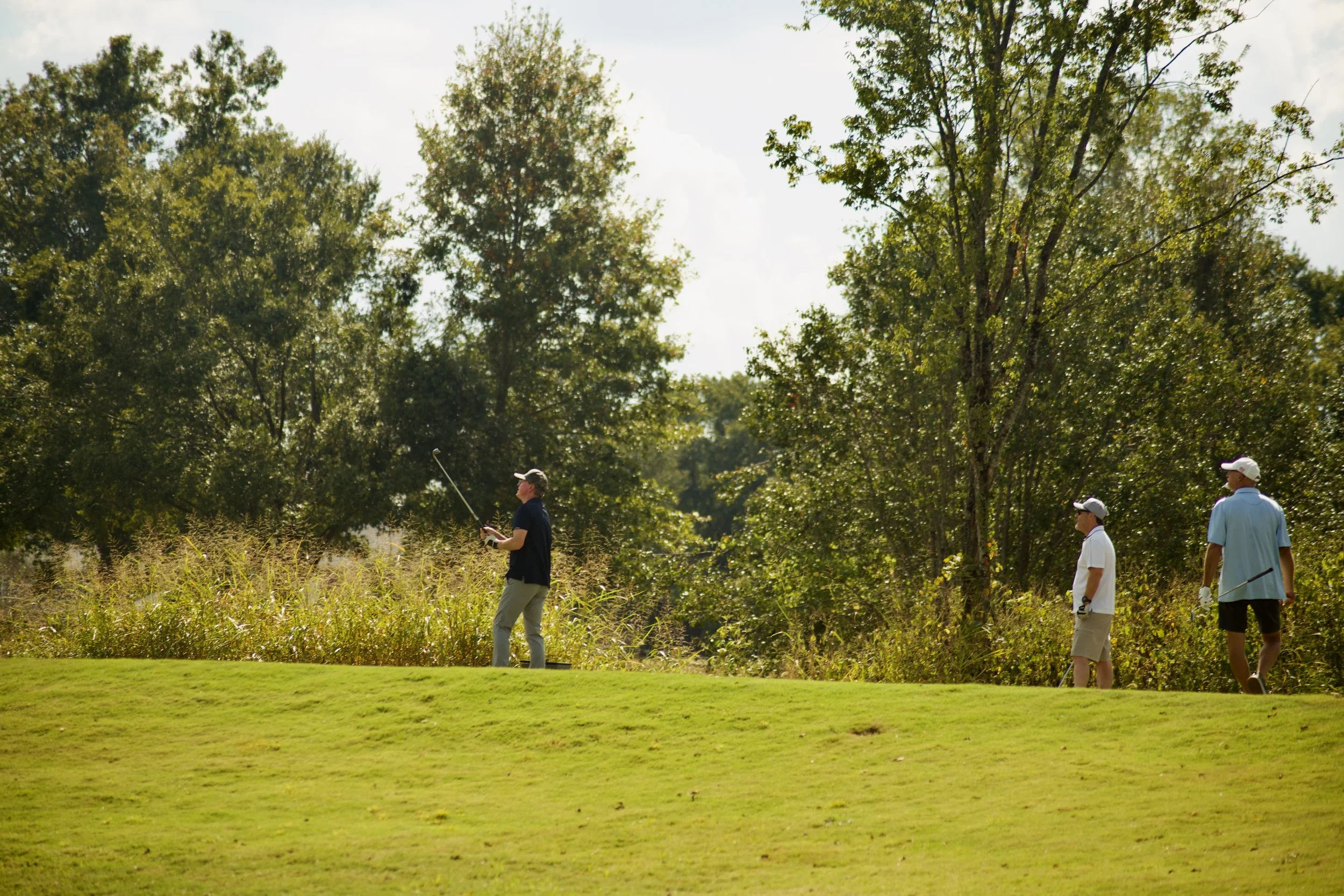 Group of people playing golf outdoors on a sunny day, standing on a grassy area near trees.