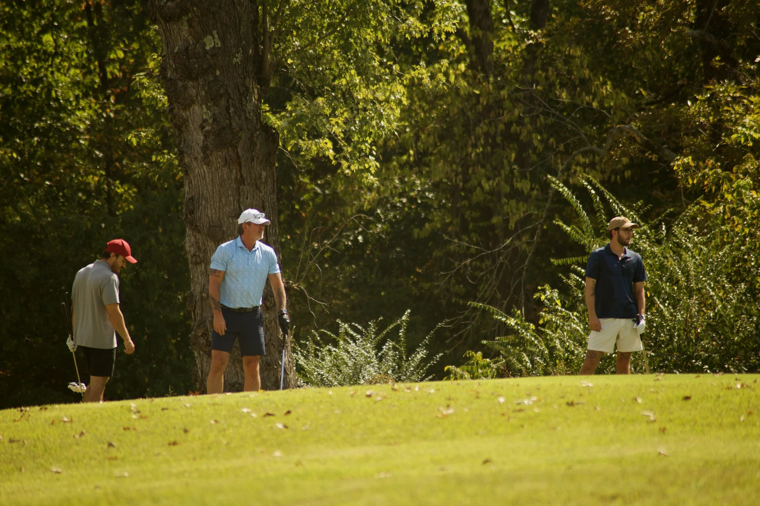 Three men playing golf outdoors near a large tree with green leaves. One is wearing a red cap, another is in a white shirt and white cap, and the third is dressed in a navy shirt and tan shorts.