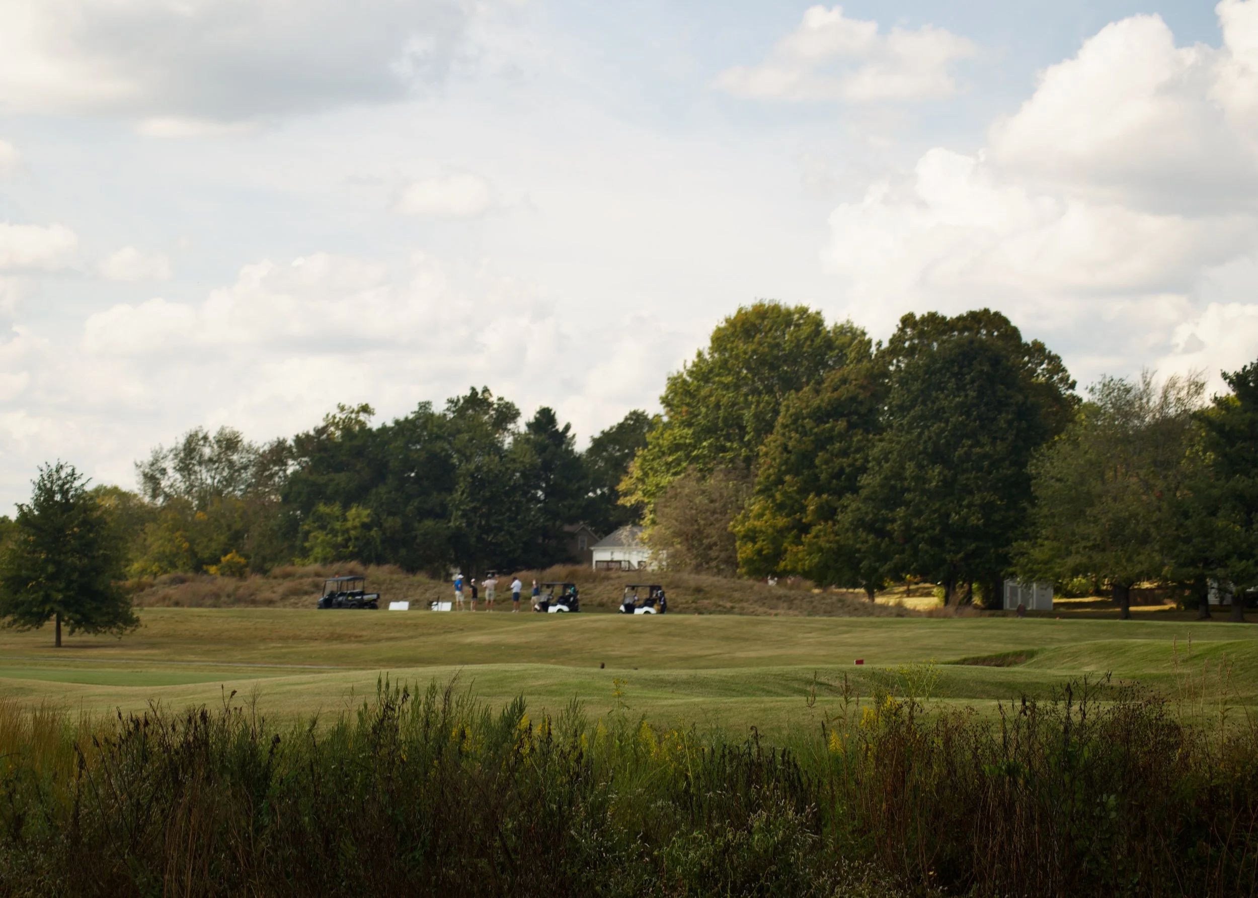 A golf course with a few golfers near golf carts, surrounded by trees and a partly cloudy sky.
