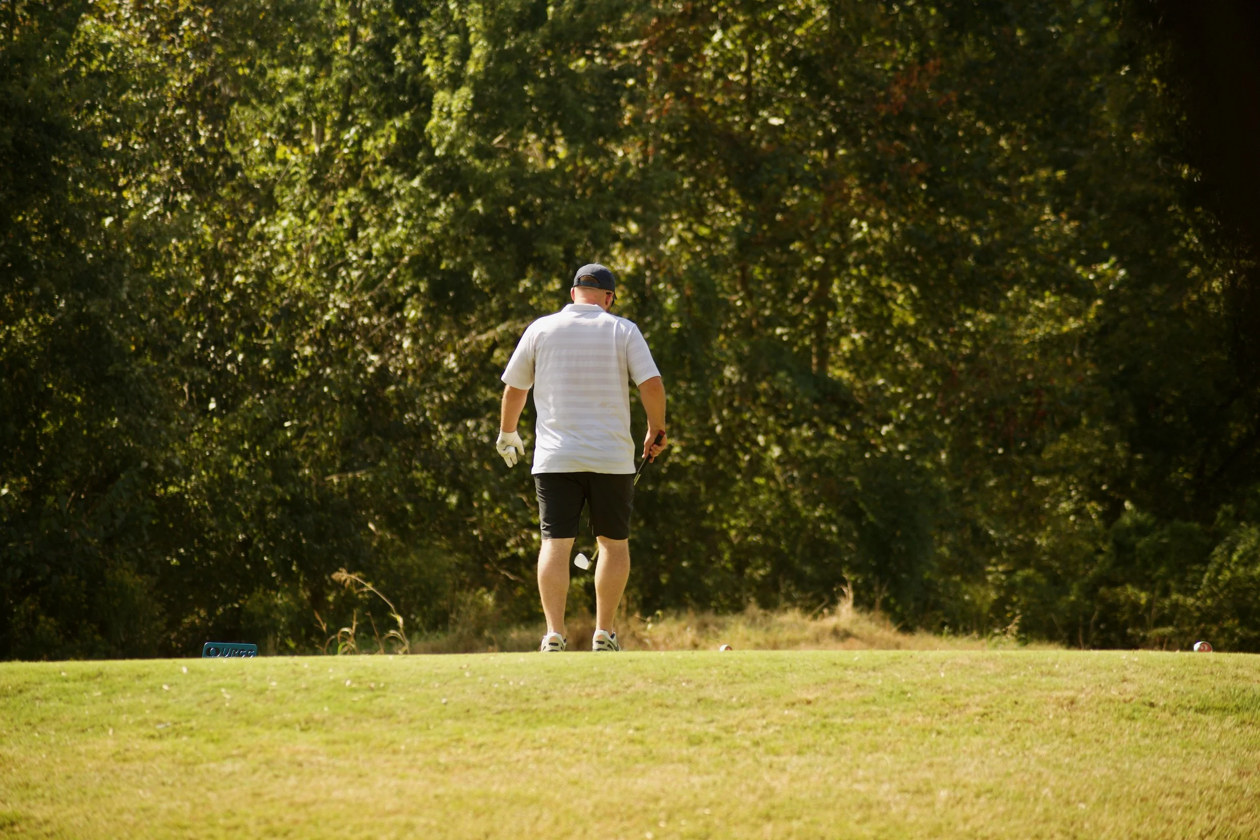 A man in a white shirt, black shorts, and a black cap playing golf on a sunny day surrounded by trees.