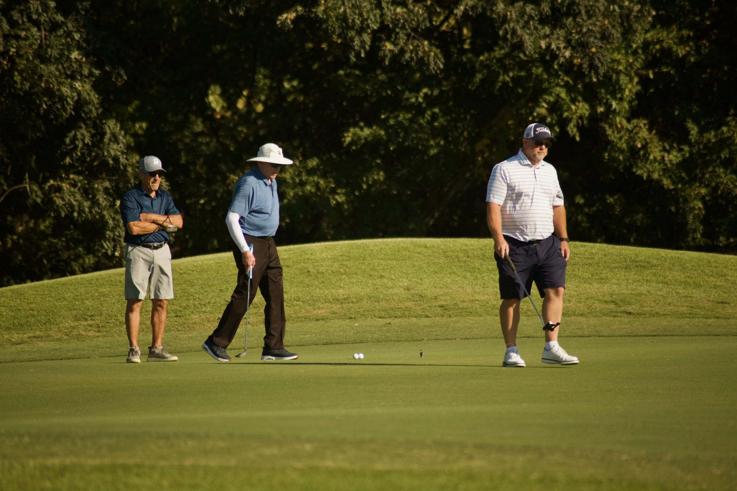 Three men playing golf on a sunny day, walking on the green near golf balls with a background of trees.