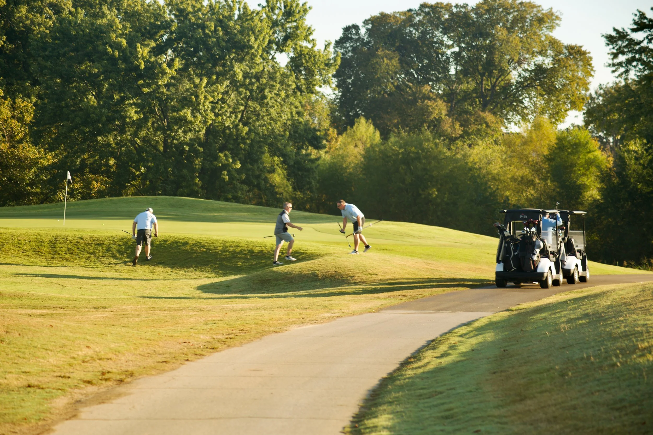 Four men playing golf on a course with a golf cart nearby. The scene is set on a sunny day with lush green trees surrounding the area.