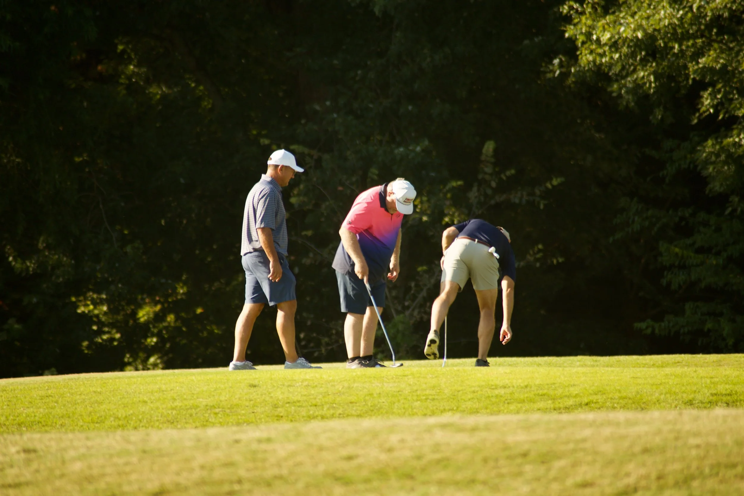 Four men are playing golf on a lush green course, with a backdrop of trees and sunlight.