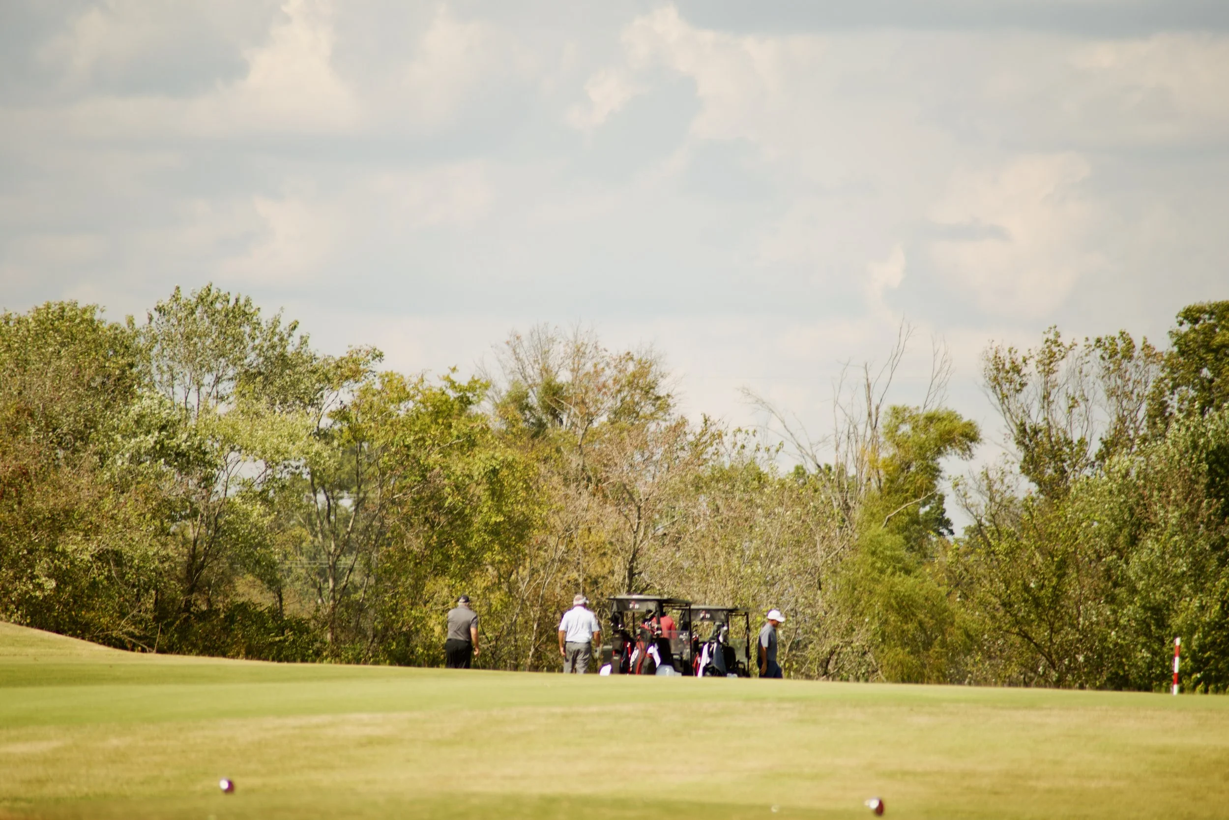 Golf course with four people preparing to hit golf balls, surrounded by trees and a golf cart, under a partly cloudy sky.