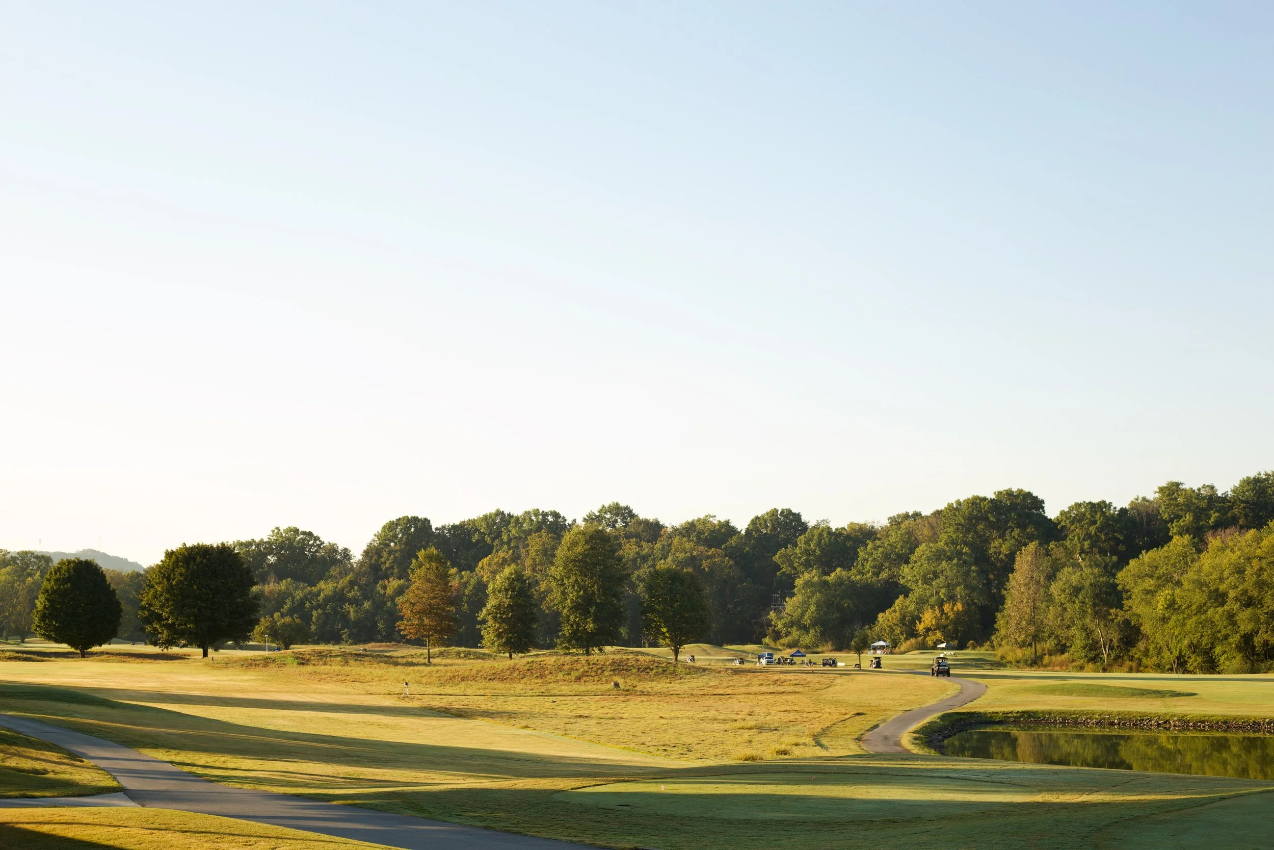 A scenic view of a golf course with neatly maintained grass, winding cart paths, and several golf carts near the trees, under a clear blue sky.