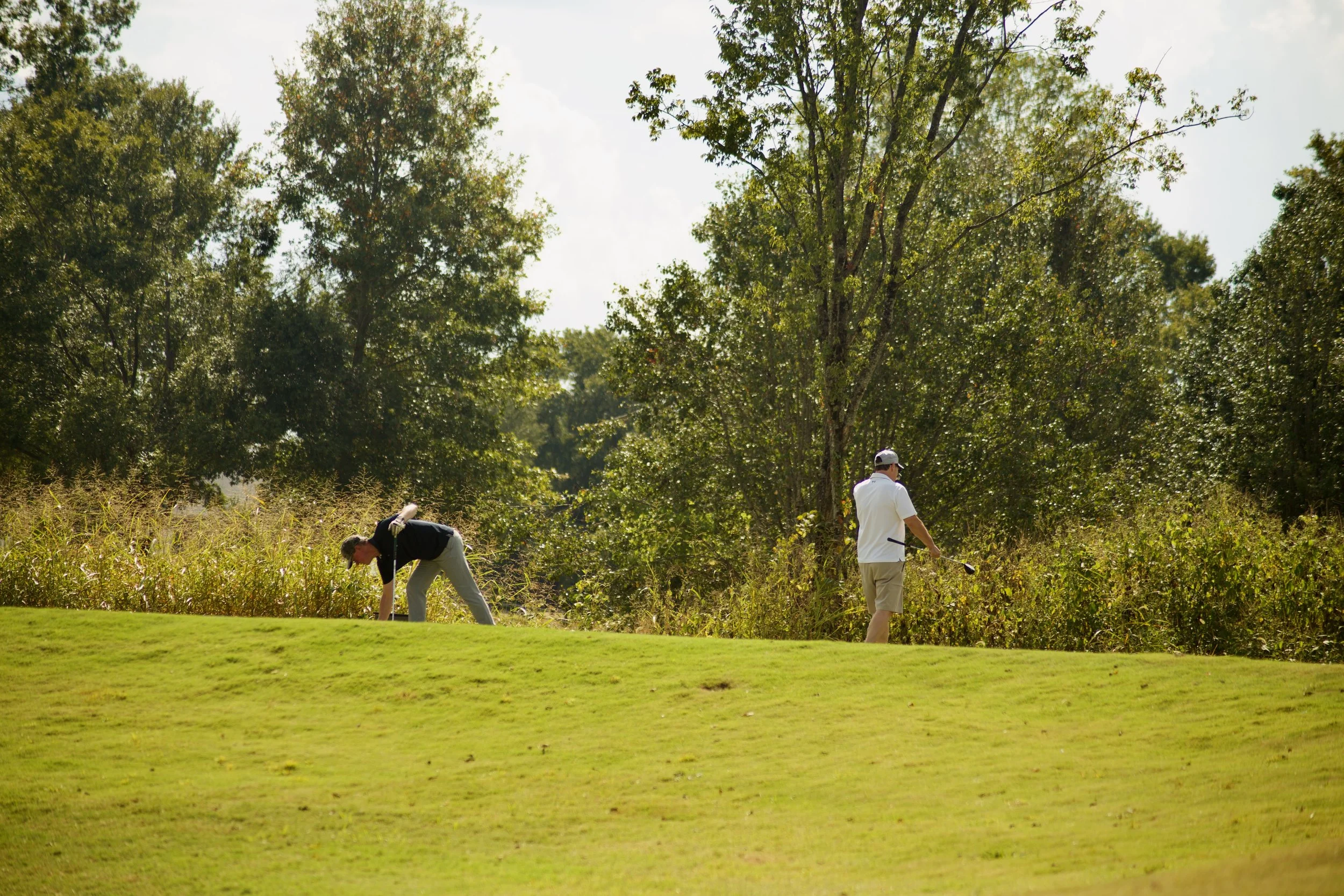 Two men playing golf on a sunny day, with trees in the background and a grassy area in the foreground.