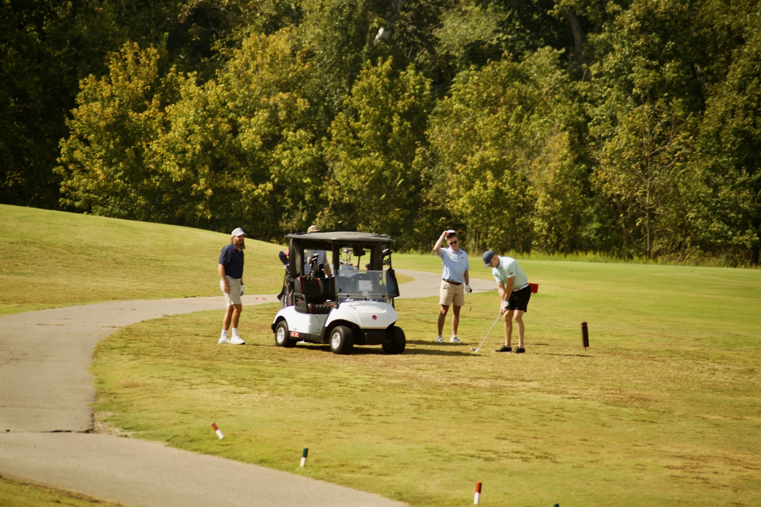 Four people on a golf course. Three men are standing near a golf cart with golf clubs, two are watching one person who is about to hit a golf ball. The scene is outdoors with trees in the background.