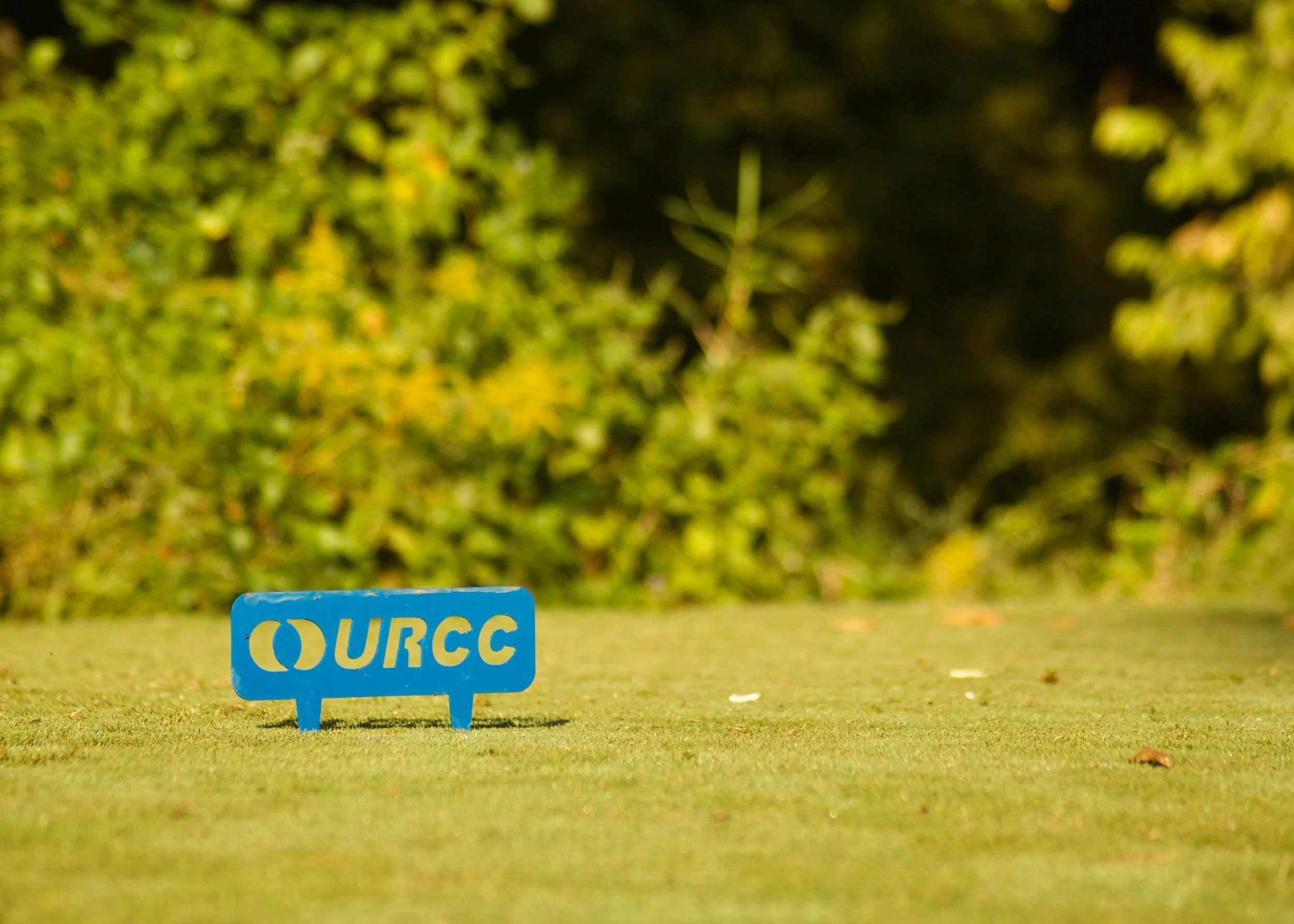 Blue sign with yellow letters that reads 'QUORC' on a grassy field with trees in the background.